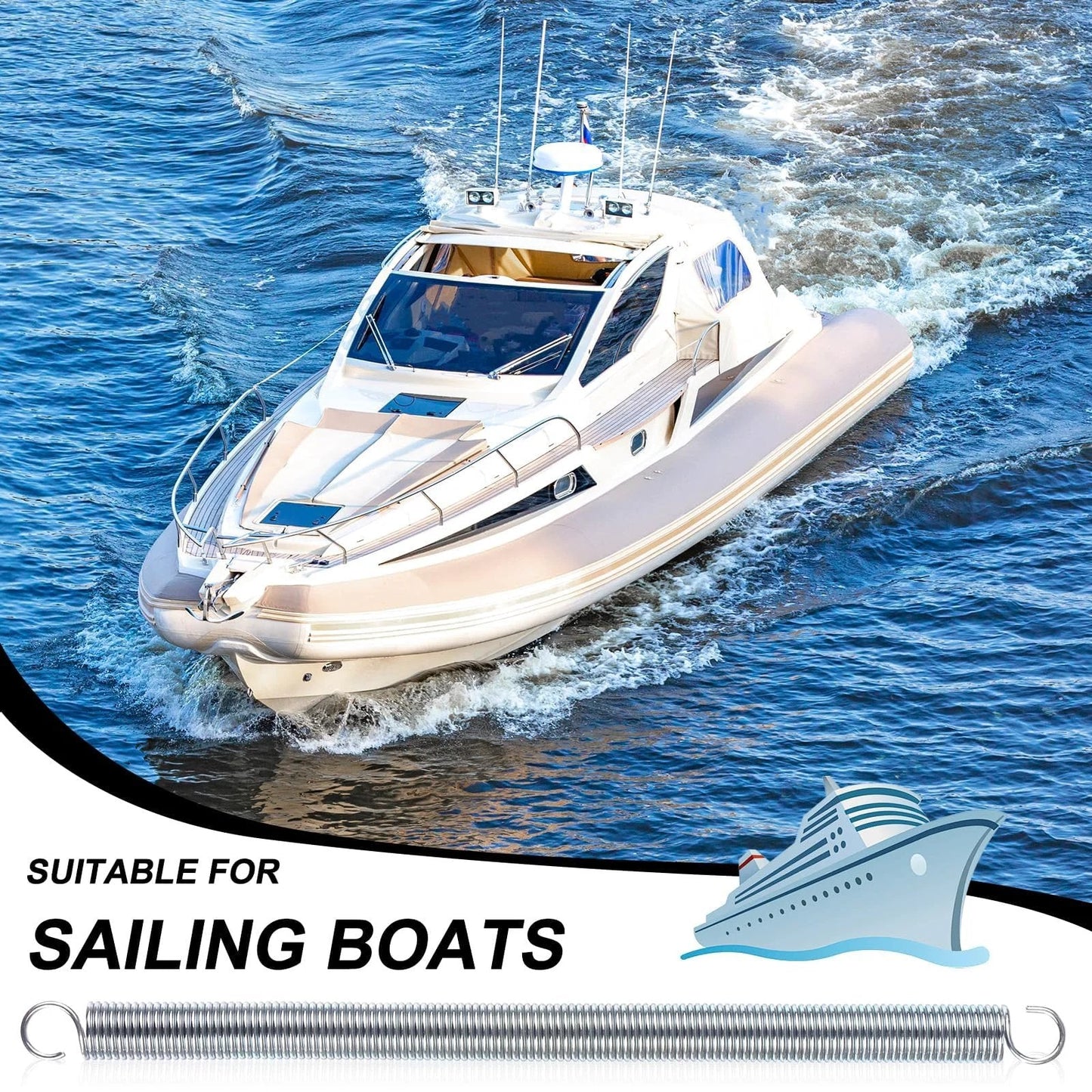 Motorboat on water with text 'Suitable for Sailing Boats' and image of 12 Piece Extension Spring Set For Home Repairs And DIY Projects Three Eighths By Six And A Half Inch Zinc Plated With Dual Hook Ends And A Slim 0.047 Inch Wire Great For Machinery Construction And Industrial Use.