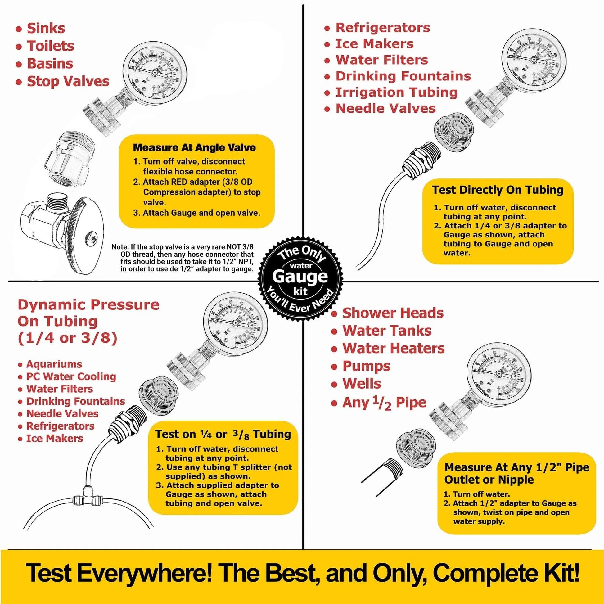 All Purpose Pro Grade Water Pressure Gauge Kit With Glycerin Filled Gauge Flow Doctor 0 To 200 Psi, Six Piece Set chart