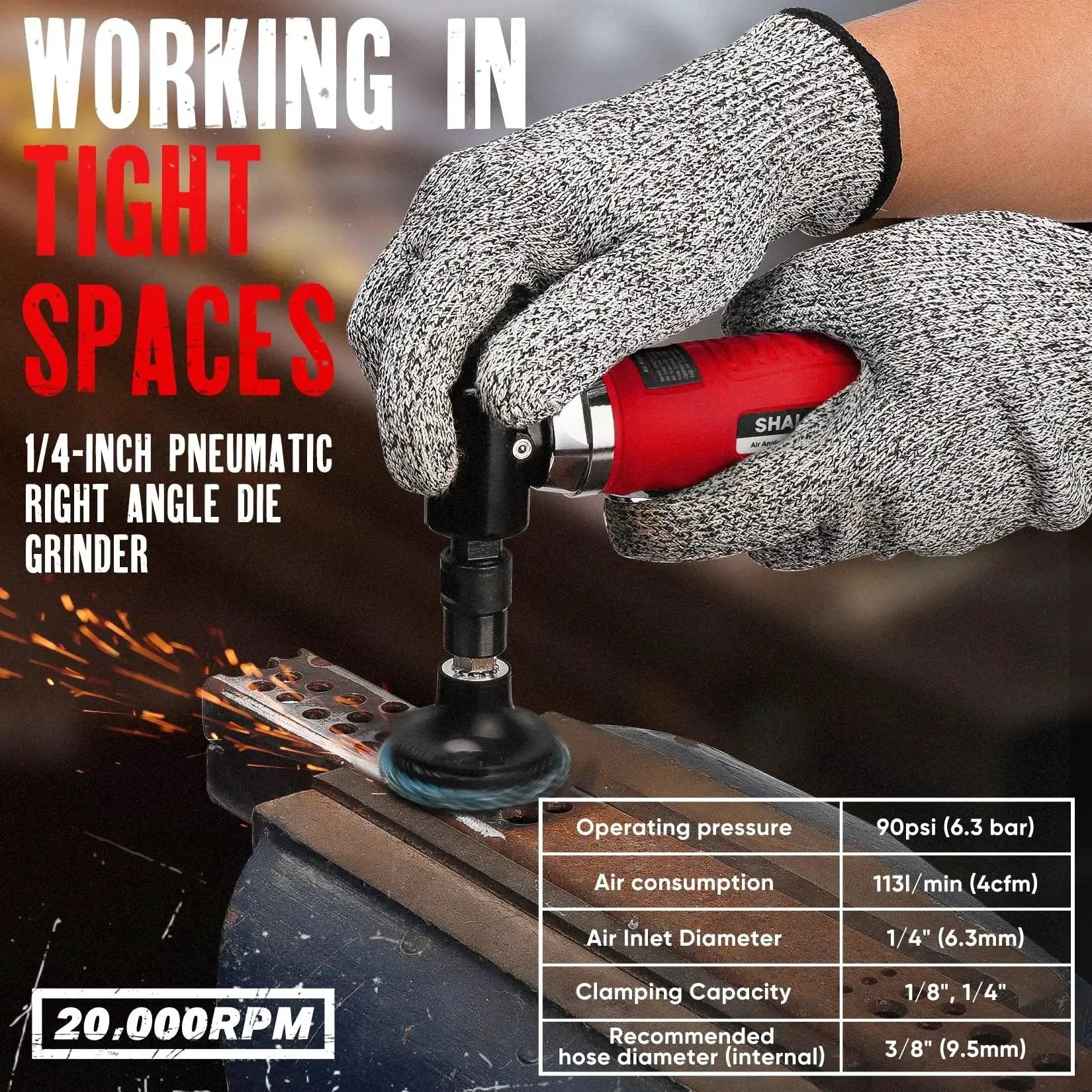 Operator using Right Angle Die Grinder Kit With 90 Degree Head 1/4 Inch And 1/8 Inch Collets 24 Sanding Discs Air Connector Lubricant And Chuck Keys Included 20,000 RPM Perfect For Grinding Polishing Deburring Engraving And Rust Removal for metalwork.