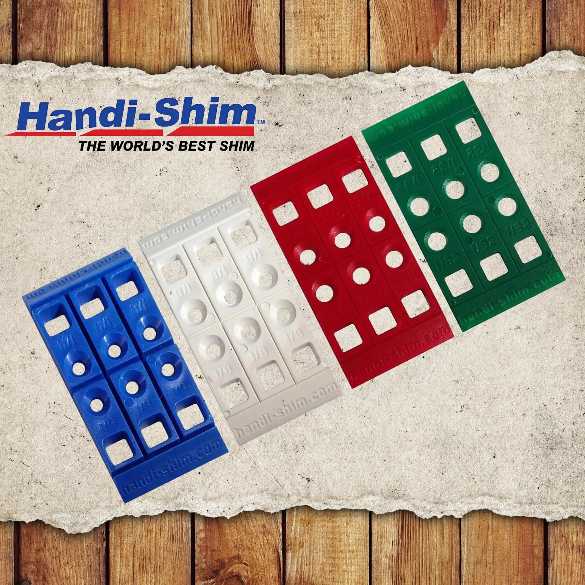 Heavy Duty Reusable Plastic Construction Shims For Spacing And Leveling Great For DIY Projects And Plumbing 40 Piece Pack One Eighth Inch White Handi Shim in blue, red, and green colours on wood background.