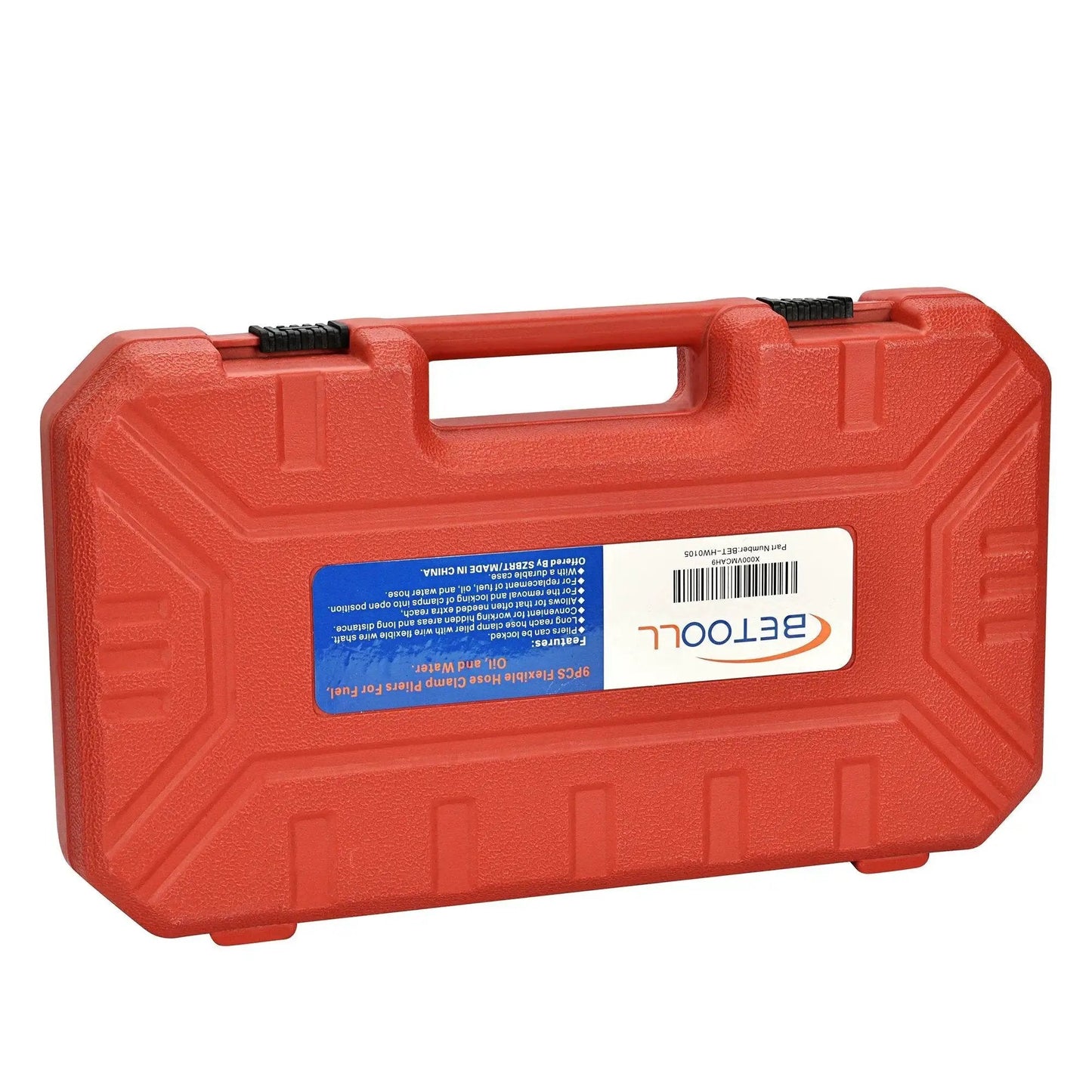 Red carrying case for 9Pc Hose Clamp Pliers Set With Reach Swivel Jaw Clic R Type For Coolant Hoses, closed view.