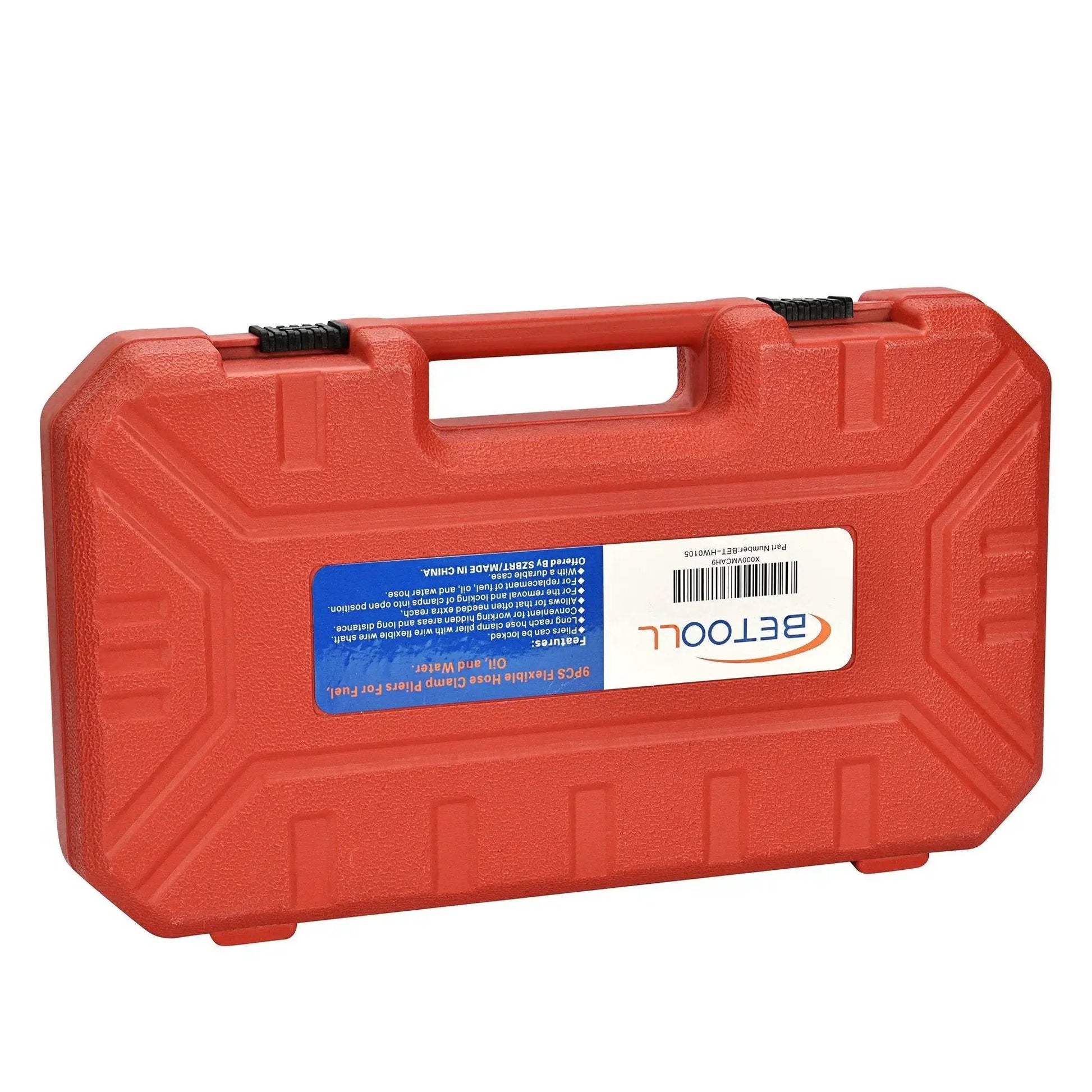 Red carrying case for 9Pc Hose Clamp Pliers Set With Reach Swivel Jaw Clic R Type For Coolant Hoses, closed view.