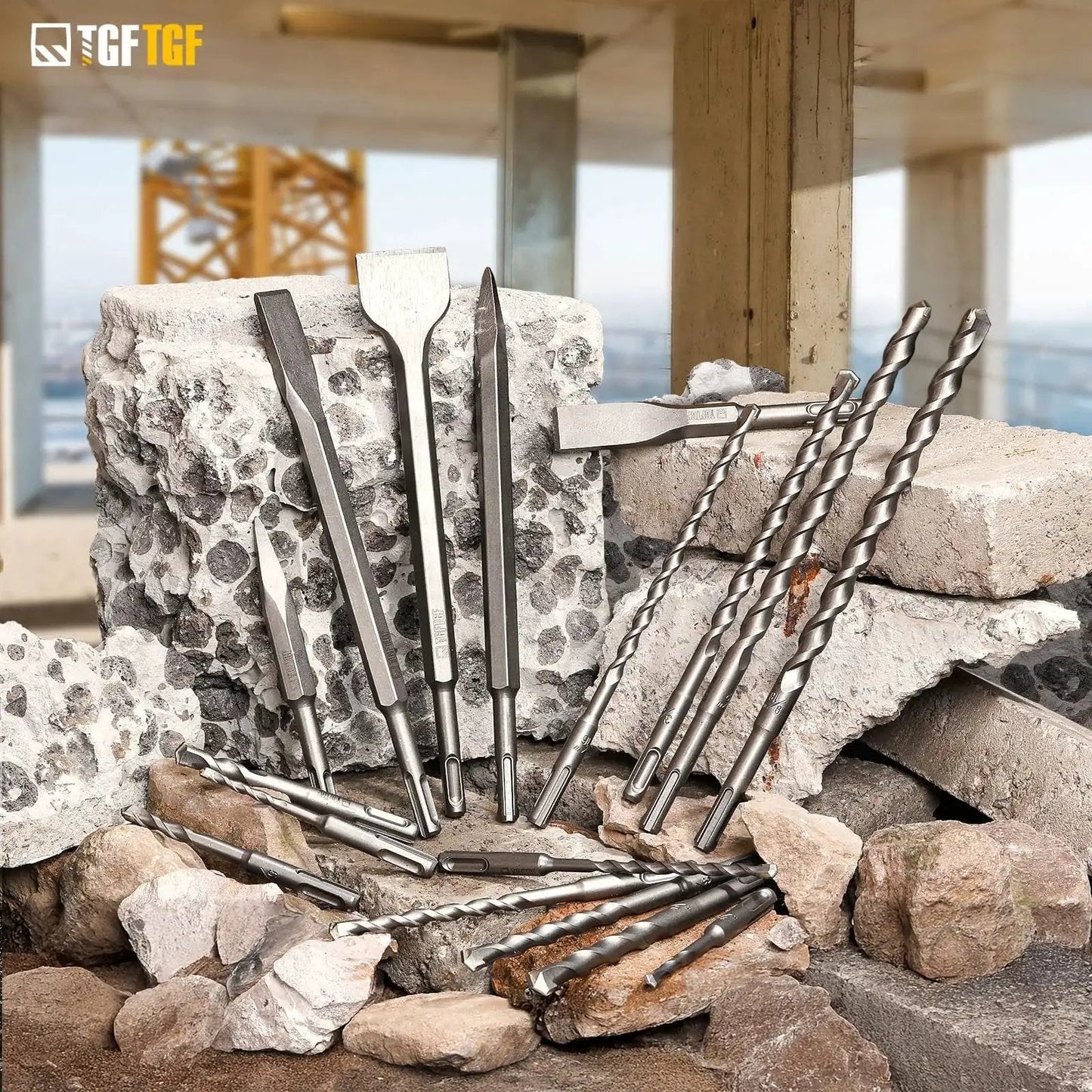 17 Piece SDS Plus Rotary Hammer Drill Bits And Chisel Set With YG8C Carbide Tips displayed on concrete blocks.