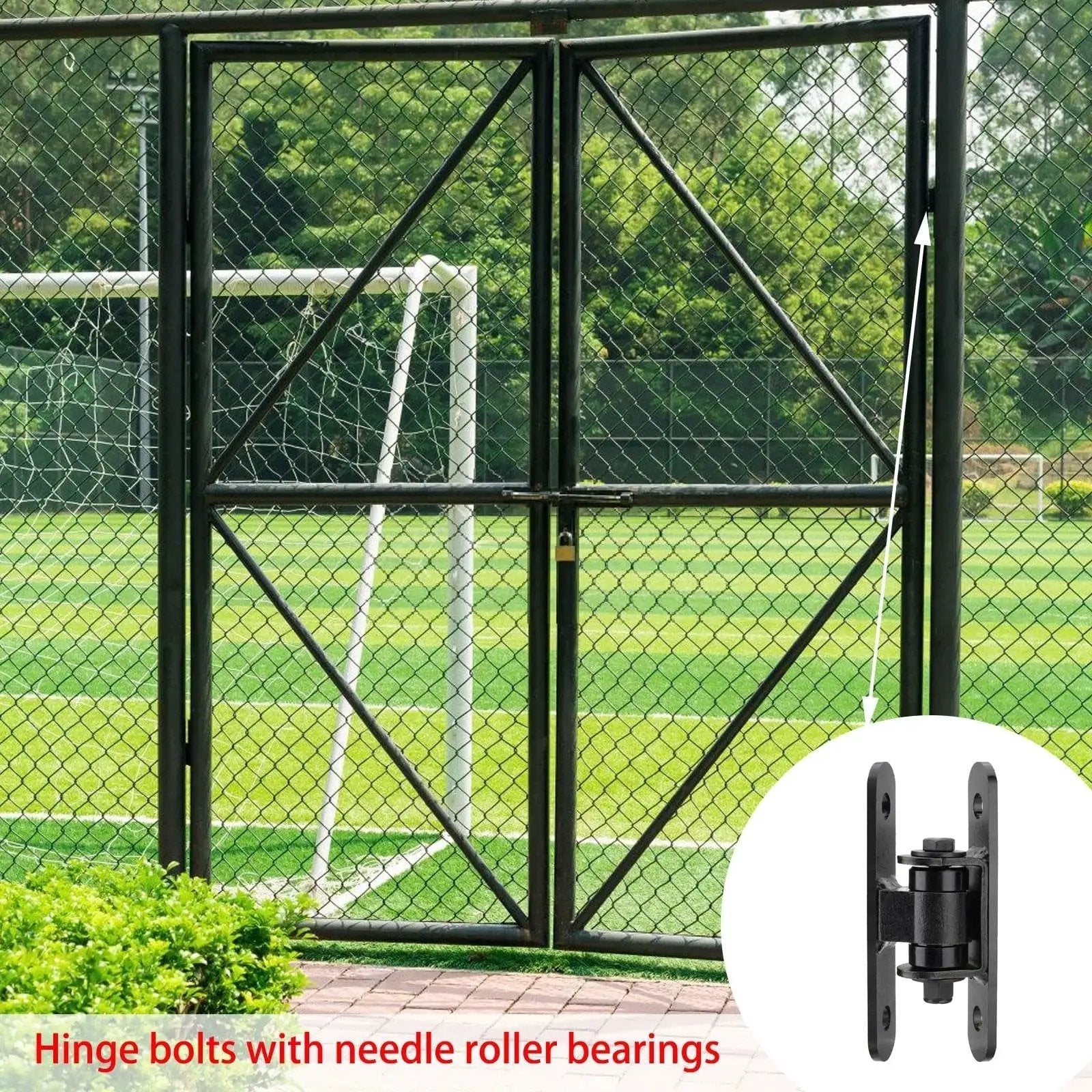 Beefy Heavy Duty Metal Door Hinges For Exterior Use on a fence gate with sealed bearing bolt-on design