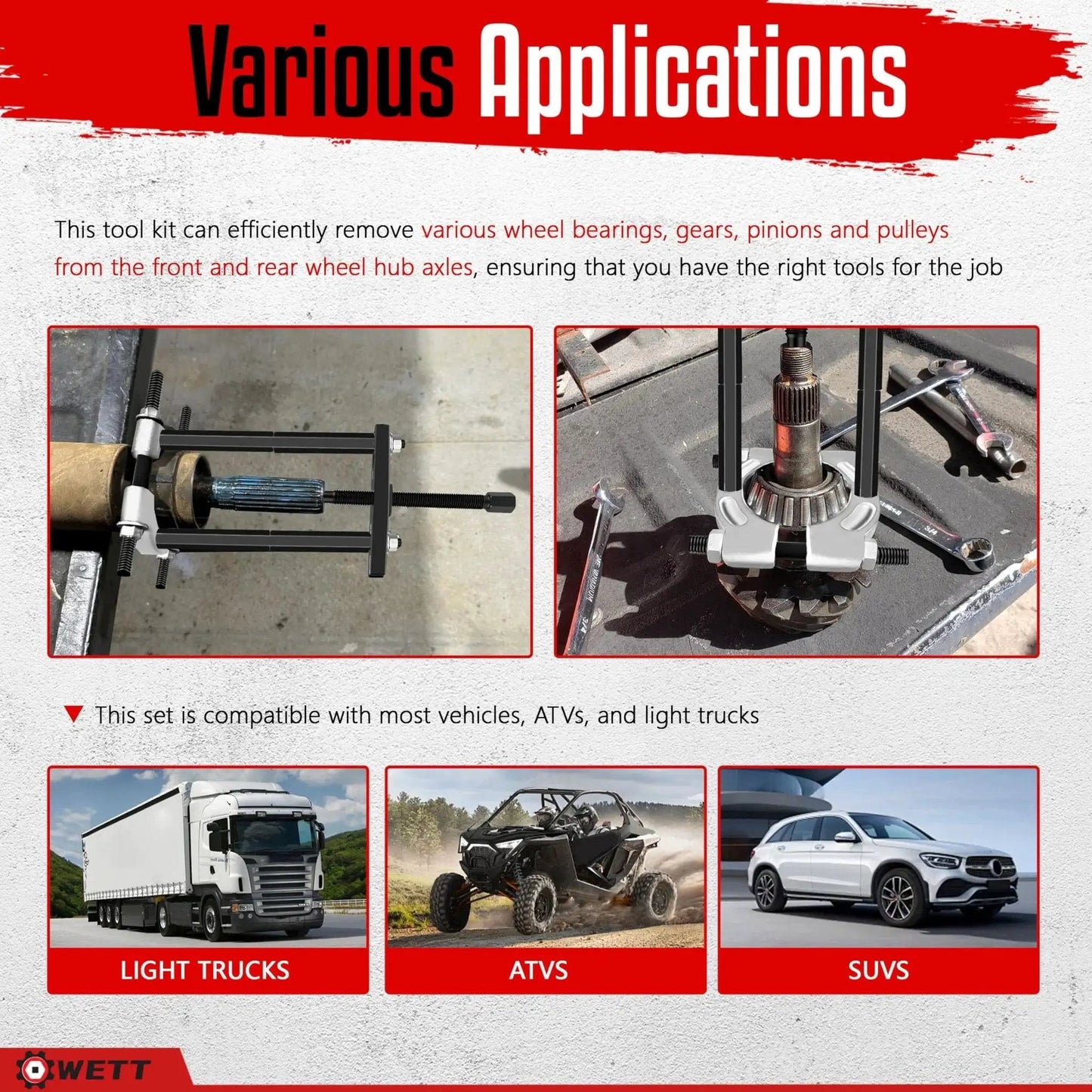 Visual showing various applications of Bearing Puller And Splitter Set 14-Piece Heavy Duty Kit with 5 Ton Capacity for wheel removal