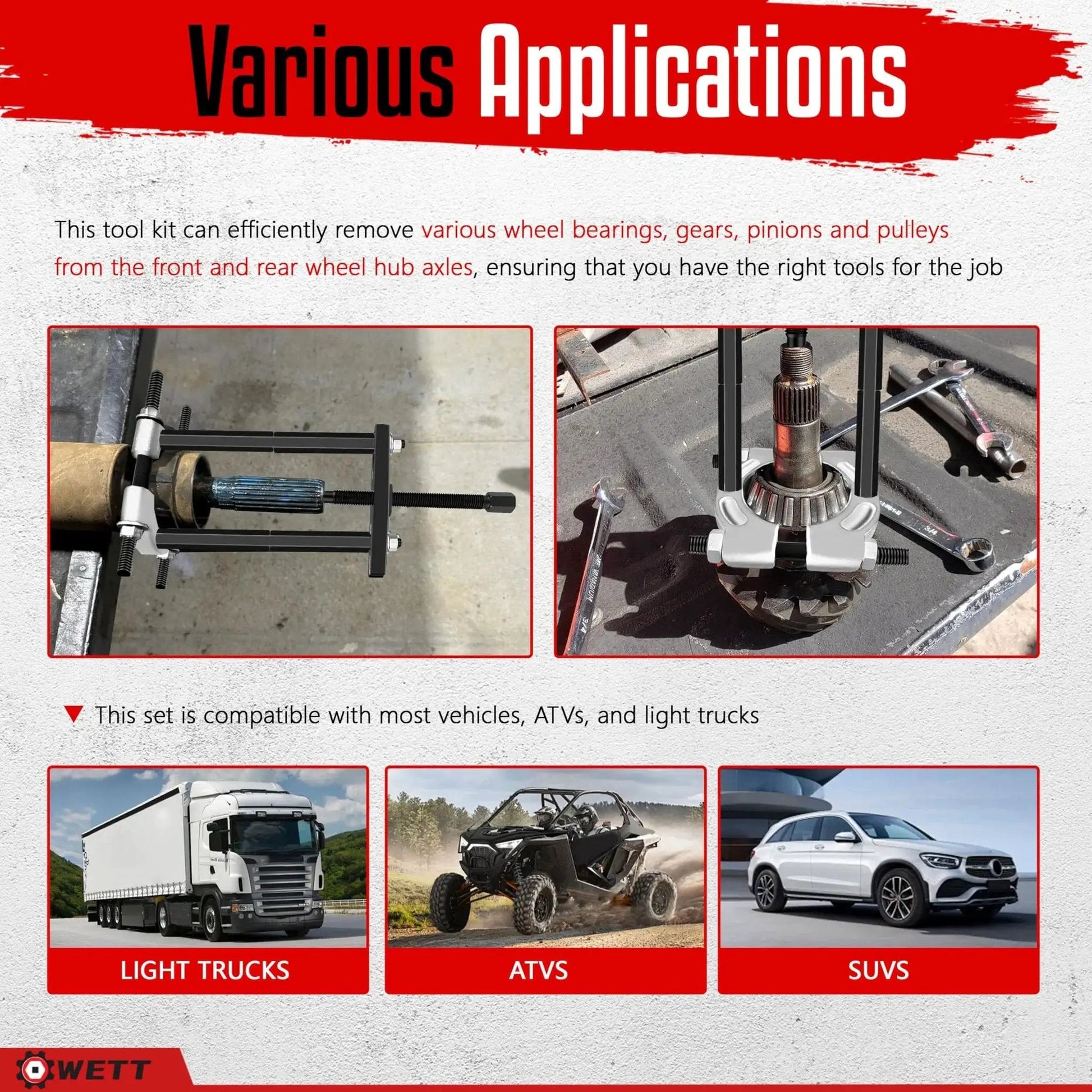 Visual showing various applications of Bearing Puller And Splitter Set 14-Piece Heavy Duty Kit with 5 Ton Capacity for wheel removal