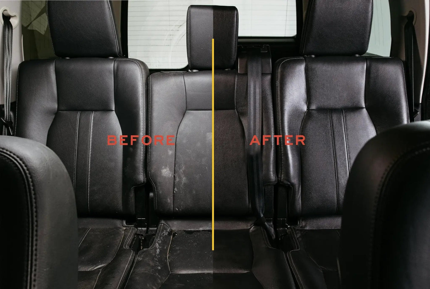 Premium Leather Conditioner That Restores All Leather Items From Auto To Furniture And Shoes Purses And Tack Non Toxic Made In USA 8 Fl Oz Leather Honey applied to car seats, showing before and after comparison.