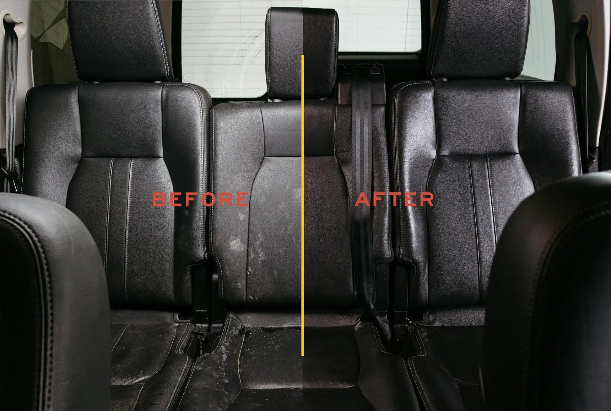 Before and after image of car seats cleaned with Non Toxic Leather Cleaner For All Leather Goods That Deep Cleans Leather, Faux And Vinyl On Couches, Car Seats, Purses, Shoes And Bags From USA Since 1968 Leather Honey.