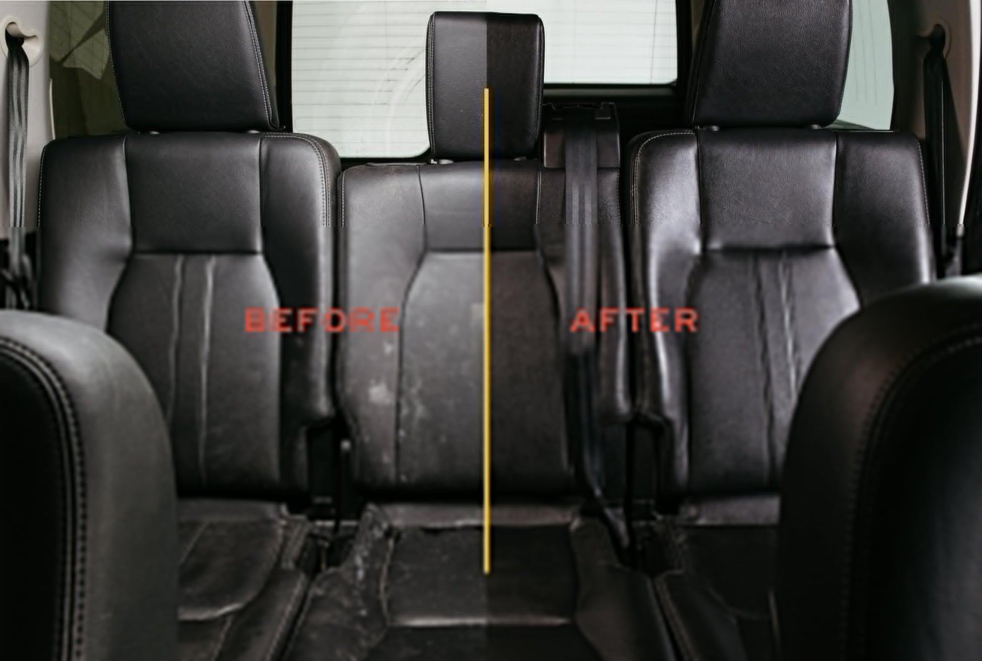 Before and after showing leather car seats cleaned with Premium Leather Cleaner For Auto Interiors And Furniture Shoes Bags And Apparel From Leather Honey Brand Non Toxic Fragrance Free Formula EPA Safer Choice 8 Oz Safe For All Leather Types Car Interiors.