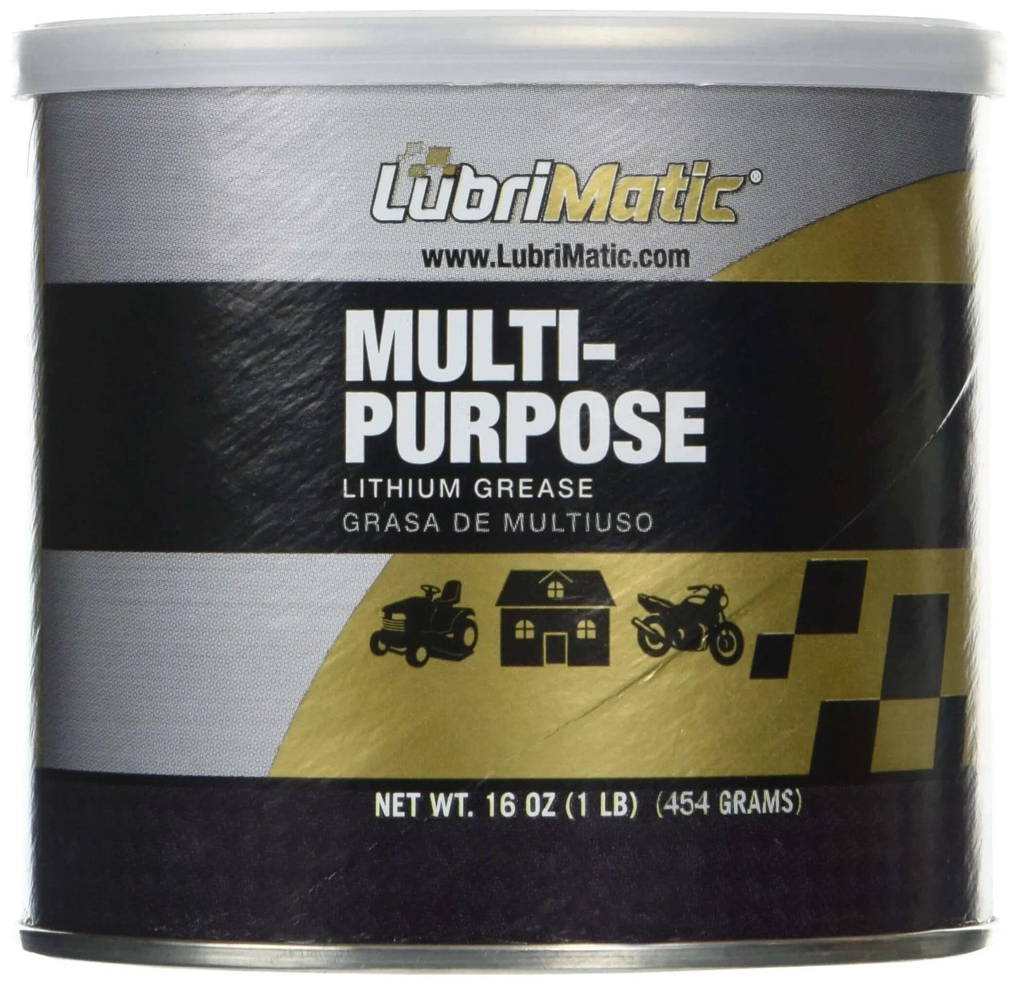 Lubrimatic Multi-Service Grease 1 Lb. Lithium Base can with black and gold label showing usage symbols.