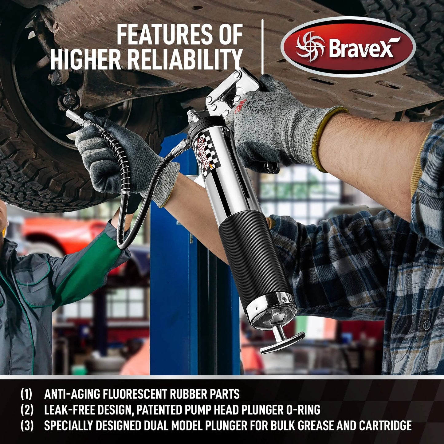 Heavy Duty Pistol Grip Grease Gun With 6000 PSI And 18 Inch Flexible Hose For Pro Shops And DIY Gear Bravex Chrome Canister Anti Corrosion Easy Clean Ultra Durable Lubrication Tool in use under vehicle