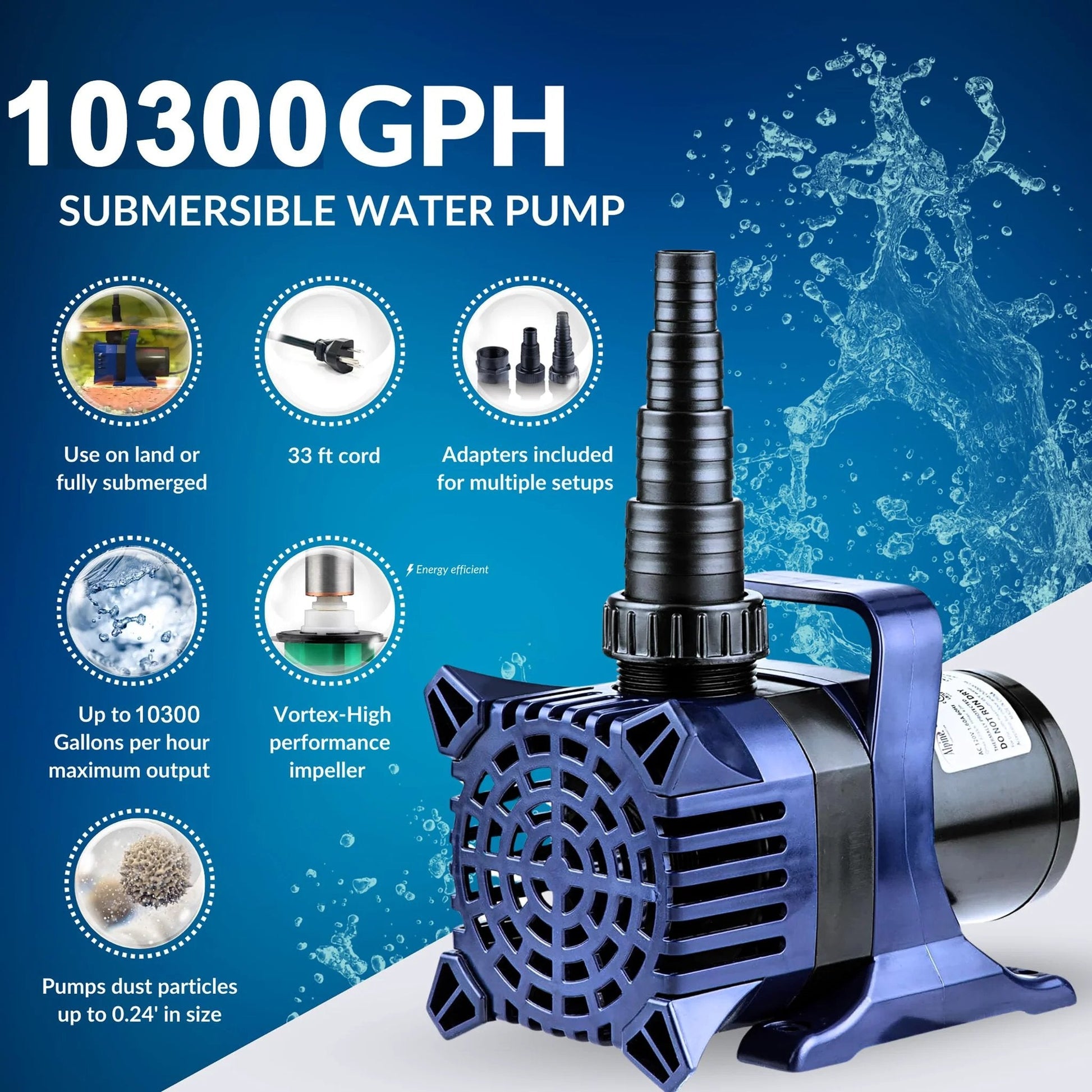 Powerful 10300 GPH Submersible Water Pump for Ponds, Fountains, and Waterfalls With 40 Ft Lift, 33 Ft Cord, Adapters Included