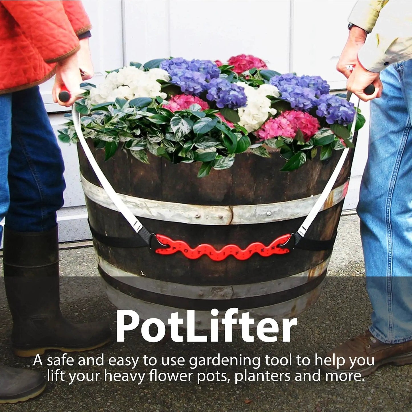 Two Person Potted Plant Lifter For Heavy Pots And Planters Up To 200 Pounds lifting large wooden planter with flowers