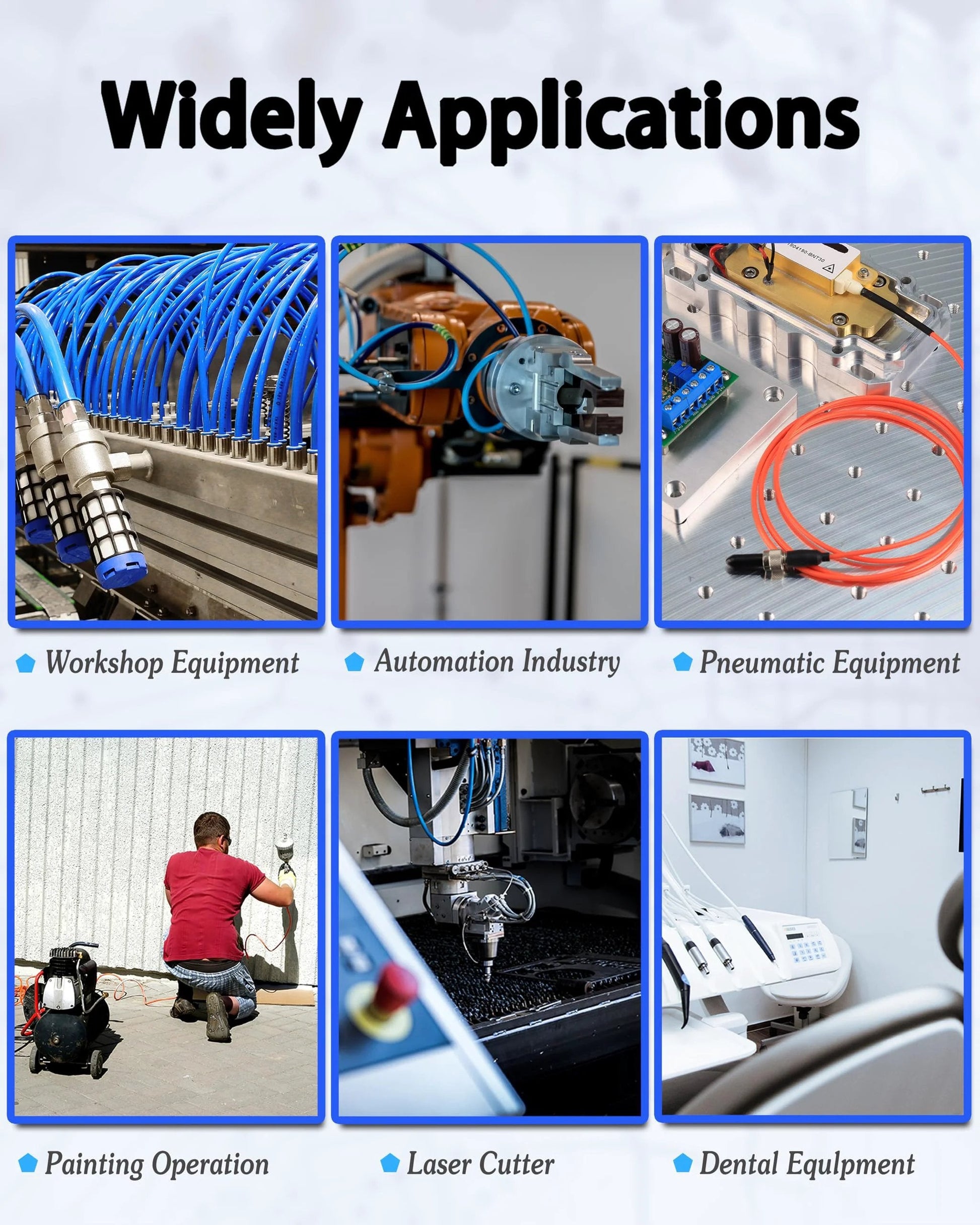 Blue Polyurethane Pneumatic Tubing For Air Tools And Fluid Transfer, 8mm Outer Diameter By 5mm Inner, shown in various applications