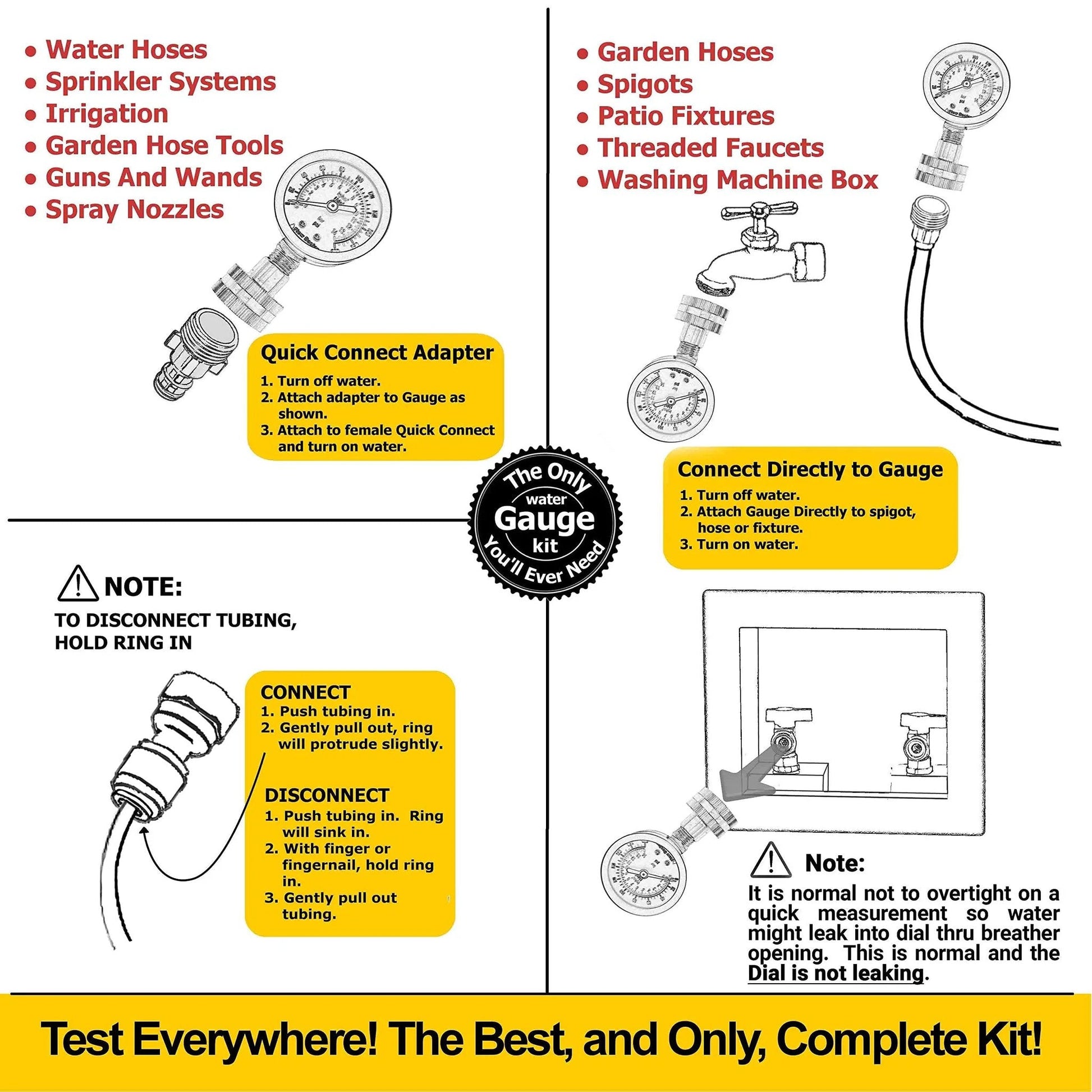 Diagram showing All Purpose Pro Grade Water Pressure Gauge Kit With Glycerin Filled Gauge Flow Doctor 0 To 200 Psi, Six Piece Set, Standard Three Quarters Inch Garden Hose Thread, Includes Five Adapters For Indoor And Outdoor Testing with connection instructions.