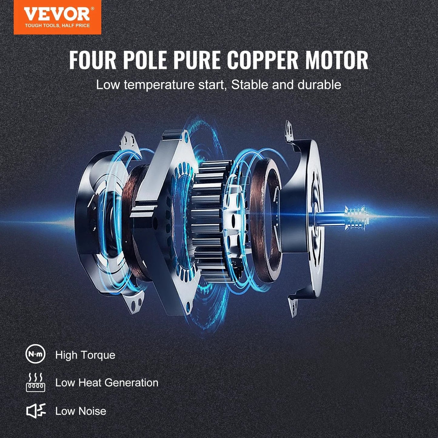 Exploded view of four pole pure copper motor with low temperature start by VEVOR for Beast 7 CFM Dual Stage HVAC Vacuum Pump For Fast HVAC Repairs And Refrigeration Maintenance With Oil Bottle By VEVOR One Half Horsepower Rotary Vane Pump For Deep Vacuum And Resin Degassing Compatible With R12 R22 R134a R410a