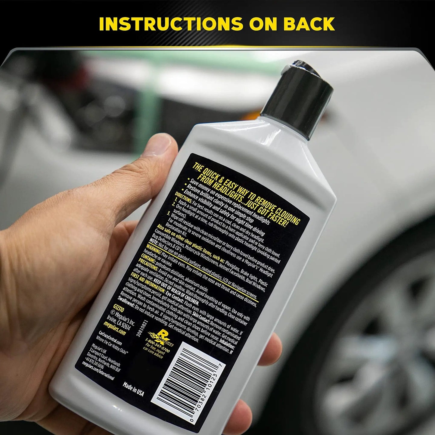 Back view of Meguiars PlastX 296 ML bottle showing instructions for Crystal Clear Plastic Polish That Restores Clarity By Eliminating Oxidation And Fine Scratches For Headlights And Plastic Surfaces, Easy Manual Application With Foam Pad.