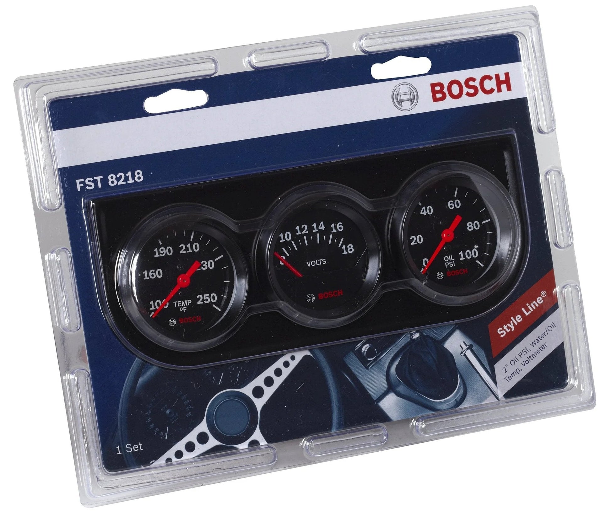 Style Line 2 Inch Triple Gauge Kit With Black Dial Face And Black Bezel By Bosch Includes Oil Water Temperature Gauge