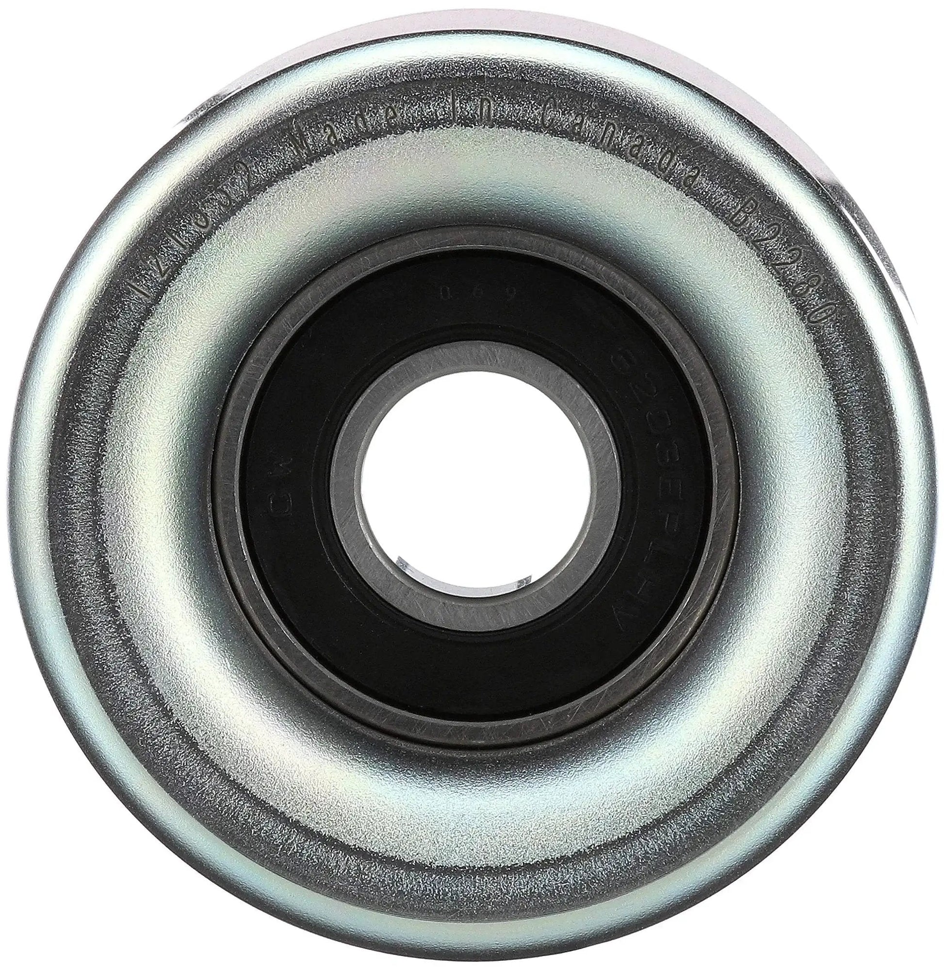 Front view of Drive Align Belt Drive Idler Tensioner Pulley for Most Cars Gates 36173, steel and thermoplastic construction.