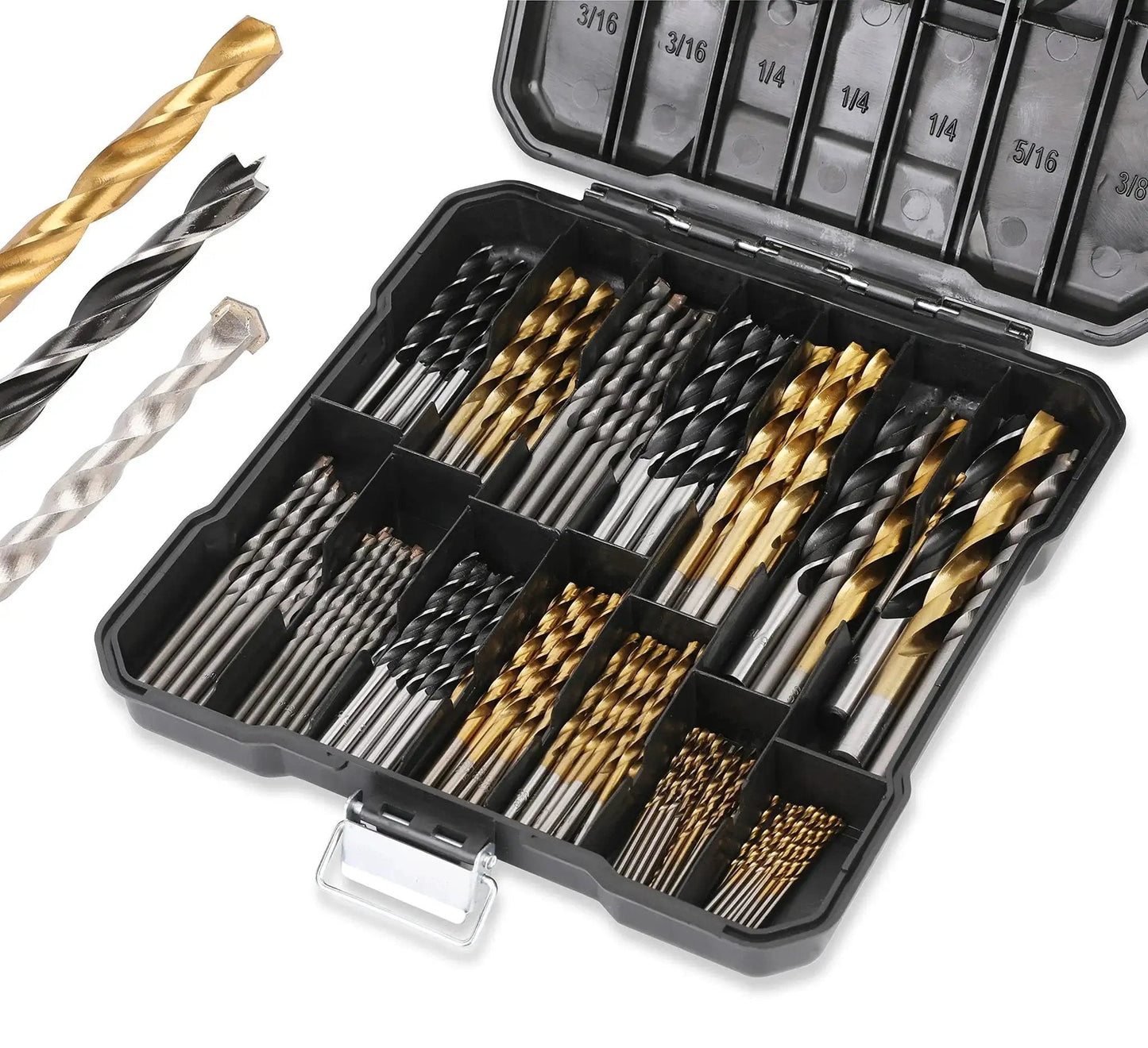 All In One 140 Piece Drill Bit Set With 88 Titanium Twist Bits 26 Masonry Bits And 26 Brad Point Bits For Wood Metal Concrete In A Hard Storage Case For Builders And DIYers