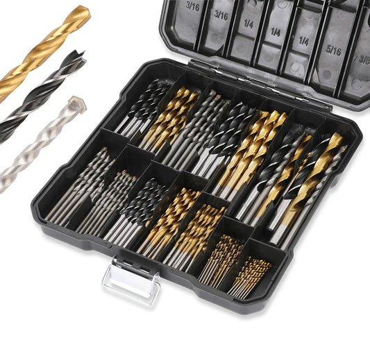 All In One 140 Piece Drill Bit Set With 88 Titanium Twist Bits 26 Masonry Bits And 26 Brad Point Bits For Wood Metal Concrete In A Hard Storage Case For Builders And DIYers