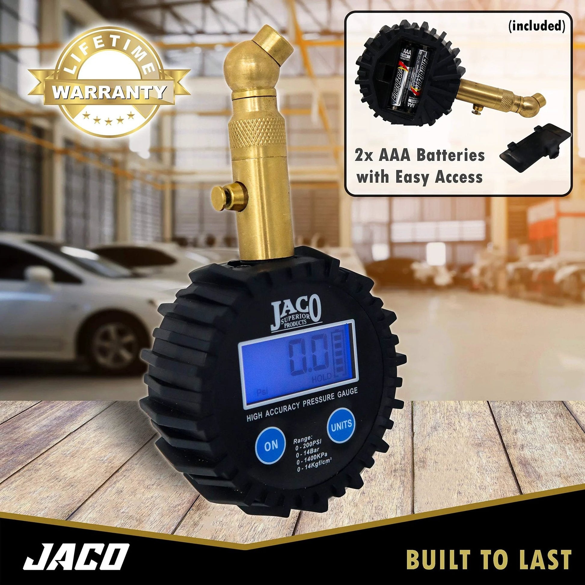 Elite Digital Tire Pressure Gauge For Pro Car Maintenance With 100 PSI Range ANSI 2A Certified, shown with AAA batteries and warranty label.
