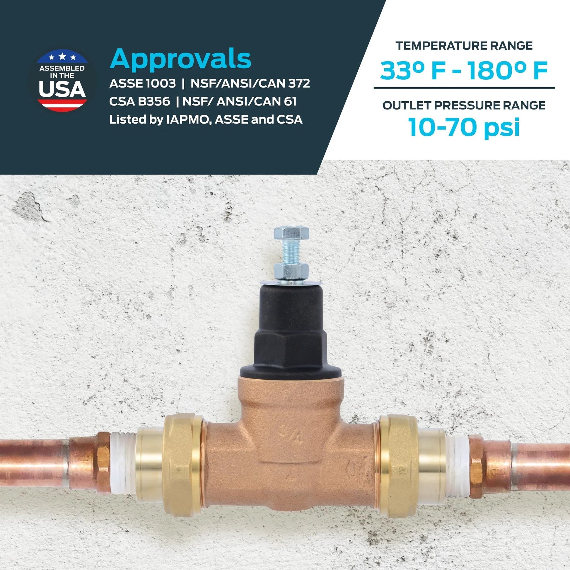 Direct Pressure Regulating Valve For Home Plumbing Three Quarters Inch NPT Female Double Union Beefy Brass Body 60 PSI Adjustable PRV With Poly Top EB45 PVA16PDUTH60 By Cash Acme.