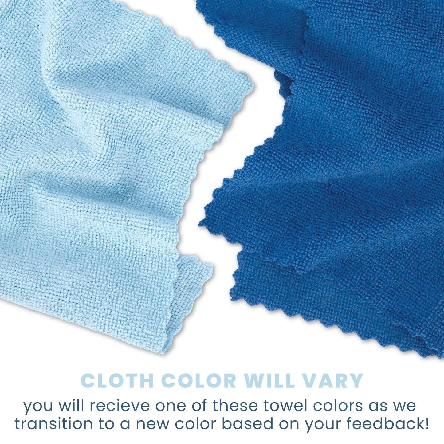 Light blue and dark blue microfiber towels, part of 50 Pack Microfiber Towels 11.8x11.8 In Lint-Free Reusable For Home And Car.