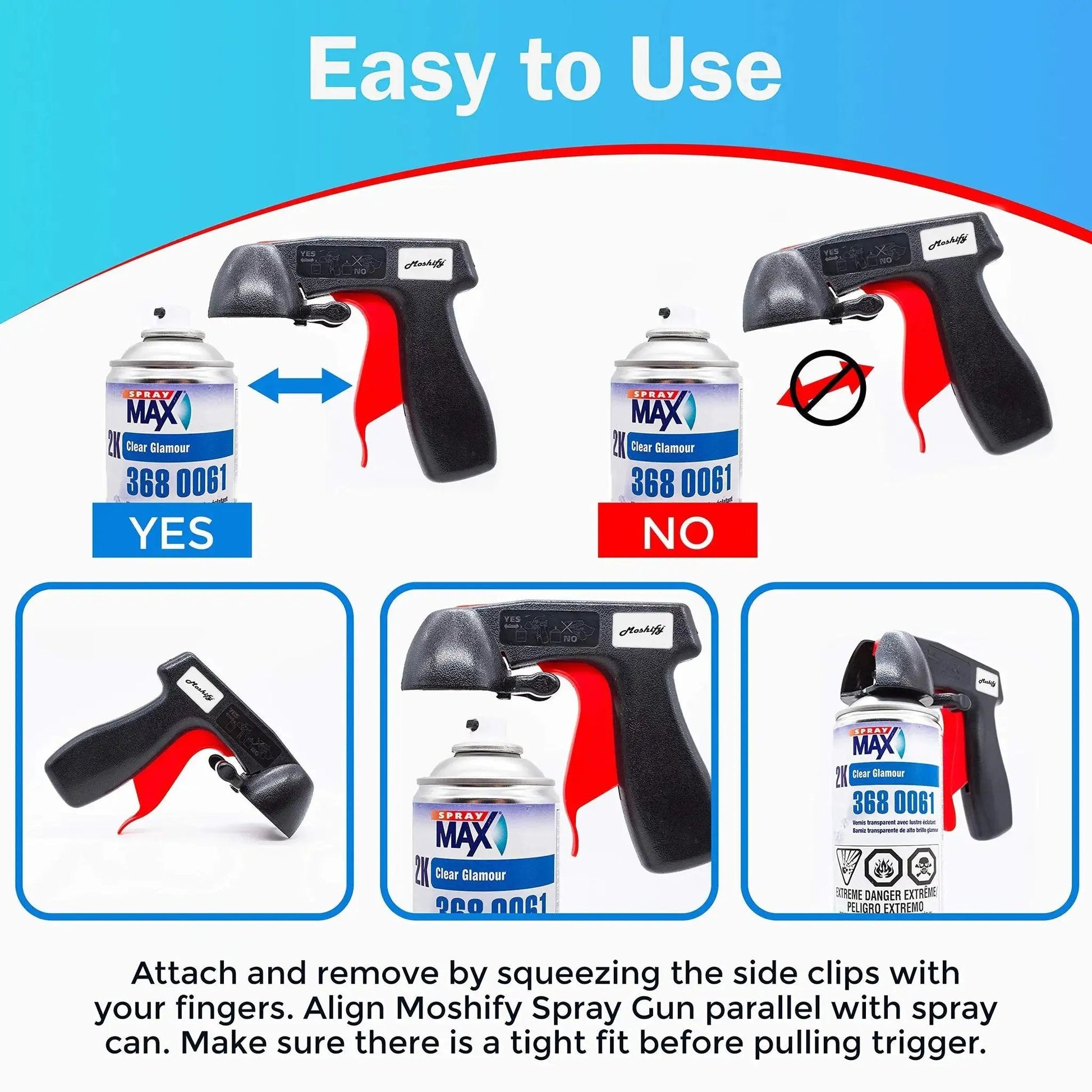 Two Stage 2K Clear Coat Aerosol With Trigger showing usage instructions and spray gun alignment next to can