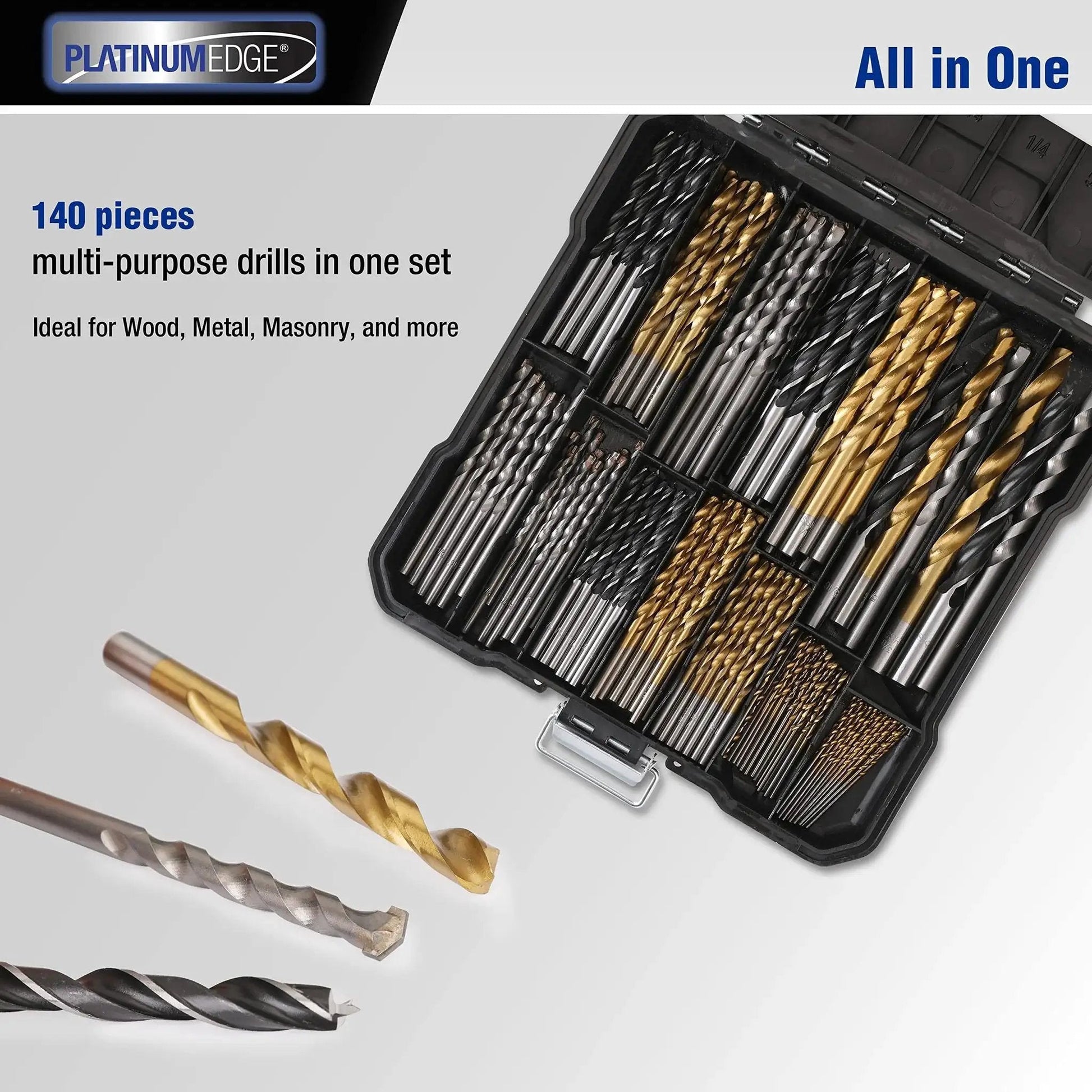 All In One 140 Piece Drill Bit Set With 88 Titanium Twist Bits 26 Masonry Bits And 26 Brad Point Bits For Wood Metal Concrete In A Hard Storage Case For Builders And DIYers displayed in open case