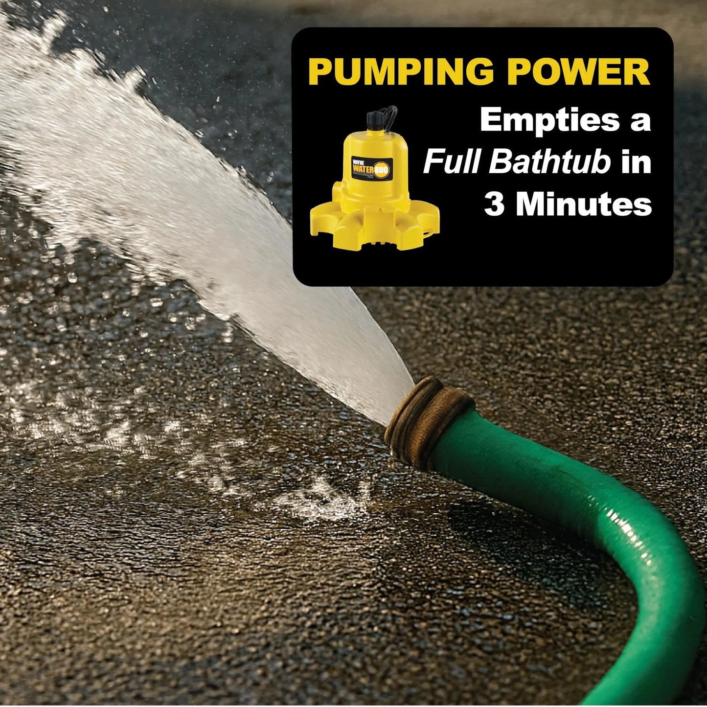 Fast Water Removal Submersible Pump With Multi Flo Technology For Tight Spaces And Basements One Sixth HP 1350 GPH Ideal For Window Wells And Transfer Tasks Yellow Wayne shown with water flowing from green hose on wet concrete surface