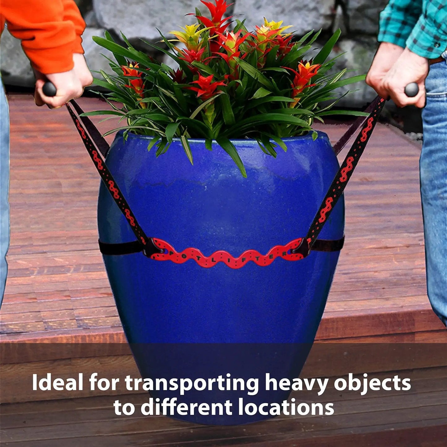 Two Person Potted Plant Lifter For Heavy Pots And Planters Up To 200 Pounds lifting a blue pot with red flowers.