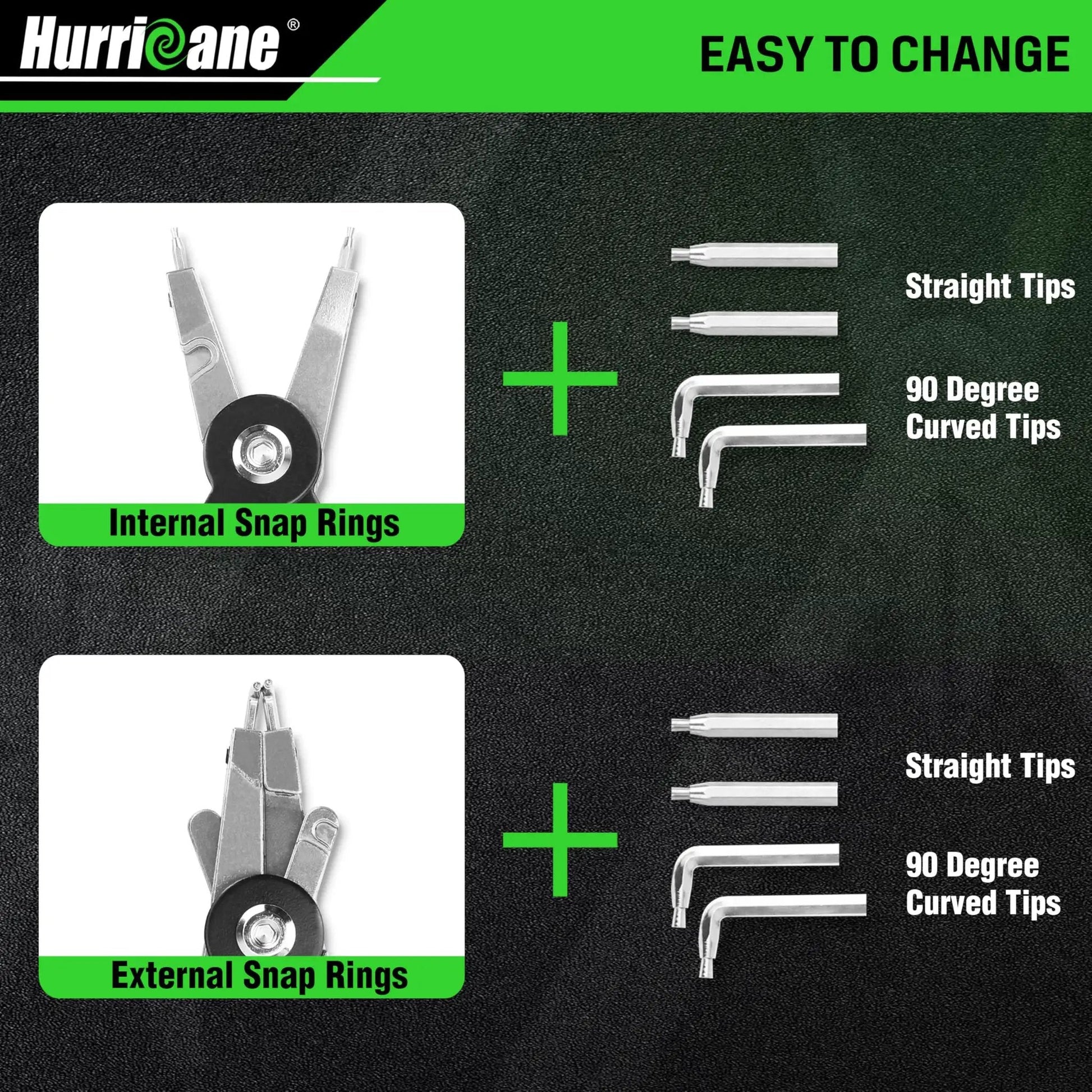 Pro Grade 8 Inch Quick Turn Snap Ring Pliers With Interchangeable Tips for Internal and External Rings, Straight and 90 Degree Curved Tips.
