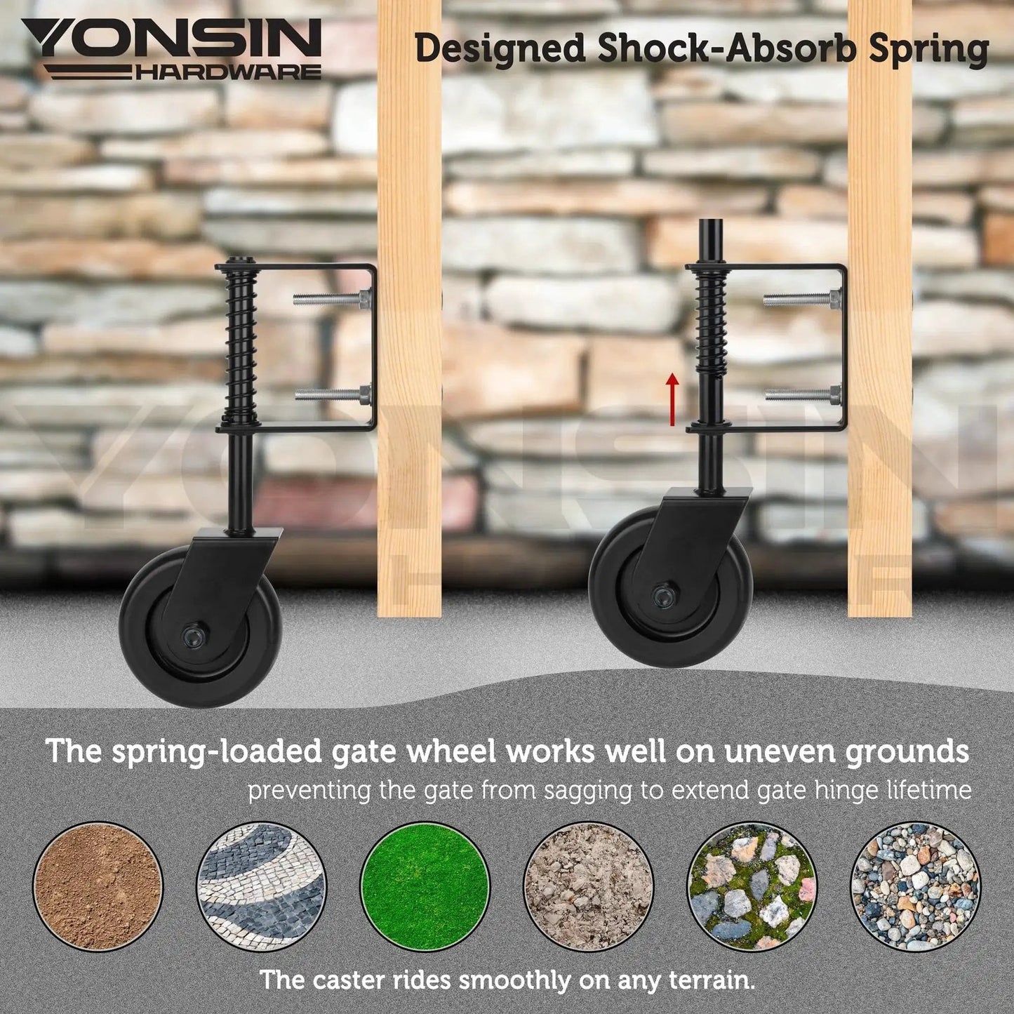 Heavy Duty Spring Loaded Gate Caster With Bearing And 360 Degree Swivel For Wooden Gates Fences And Metal Tube Gates Anti Sag Drag Gate Wheel Kit 200 Lb Capacity Per Pair Durable Black Construction Includes 2 Pcs installed view on wood post.