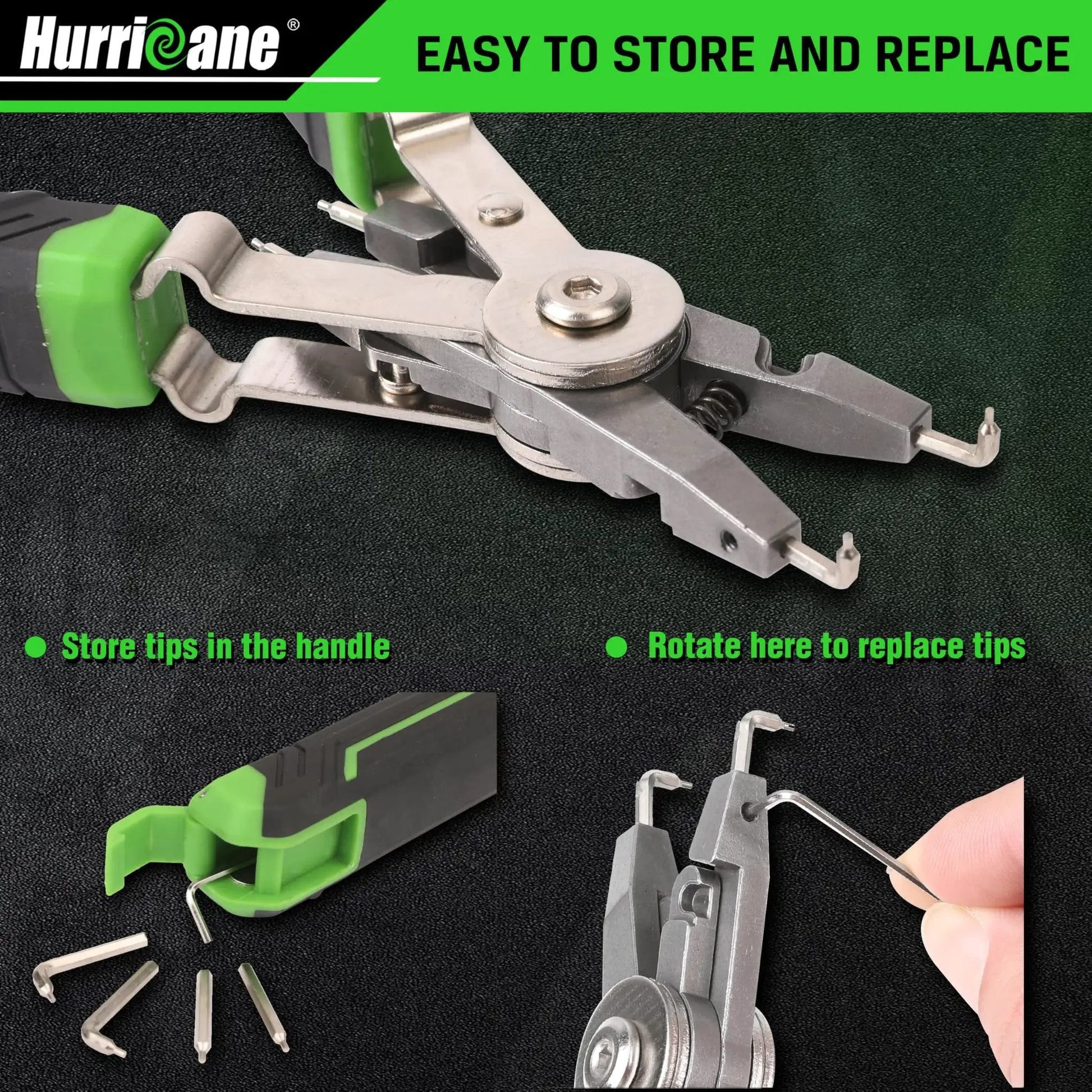 Pro Grade 8 Inch Quick Turn Snap Ring Pliers With Interchangeable Tips showing storage and tip replacement features
