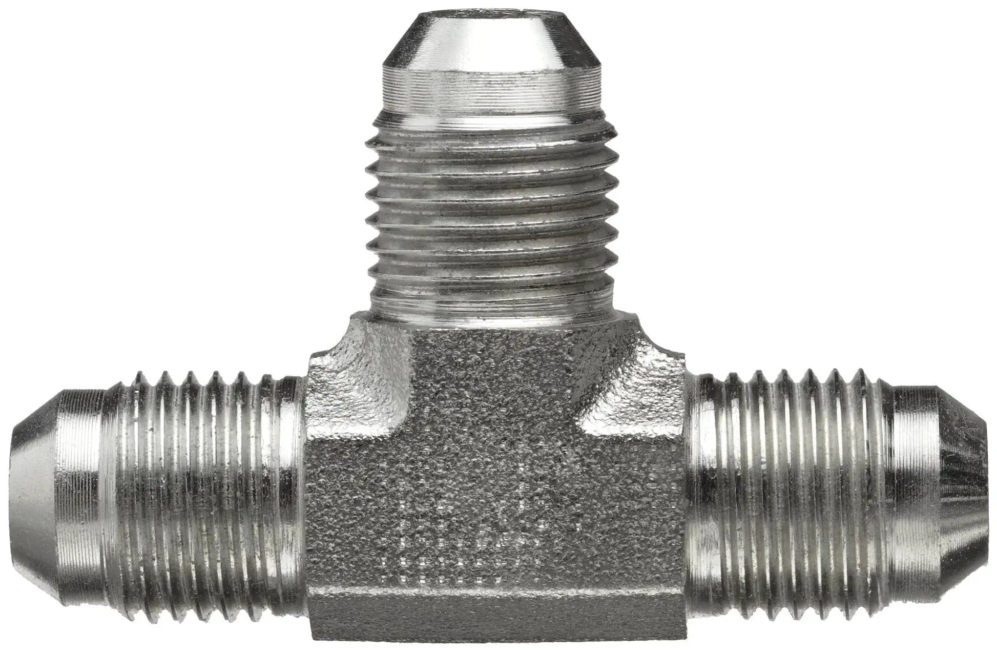 Front view of Forged Steel JIC Flared Tube Fitting Tee Three Eighths Inch Tube OD JIC Male Connector, heavy duty and rust resistant