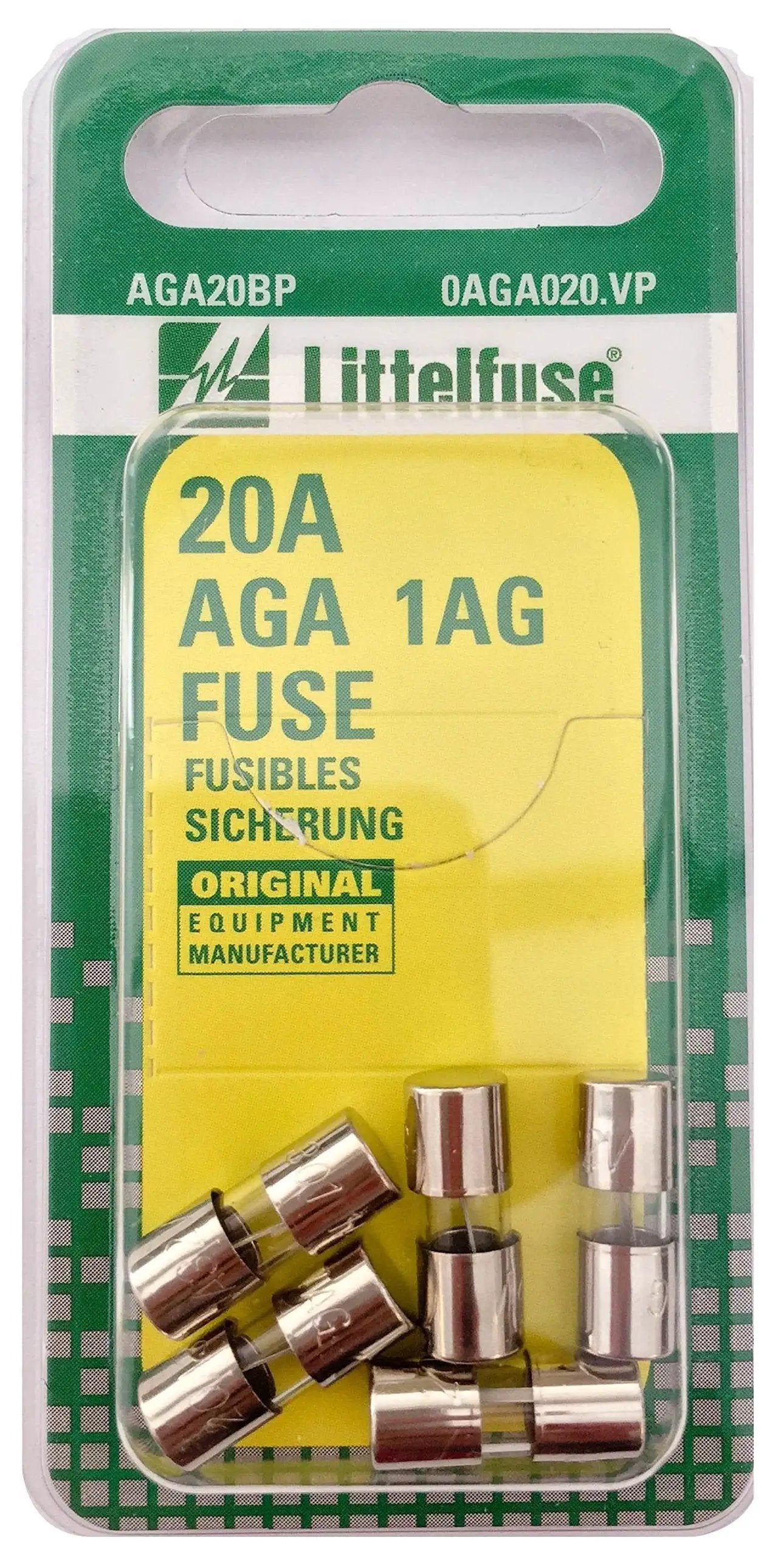 Package of Littelfuse 20A AGA 1AG cartridge fuses for automotive use, showing multiple silver fuses in a clear plastic case