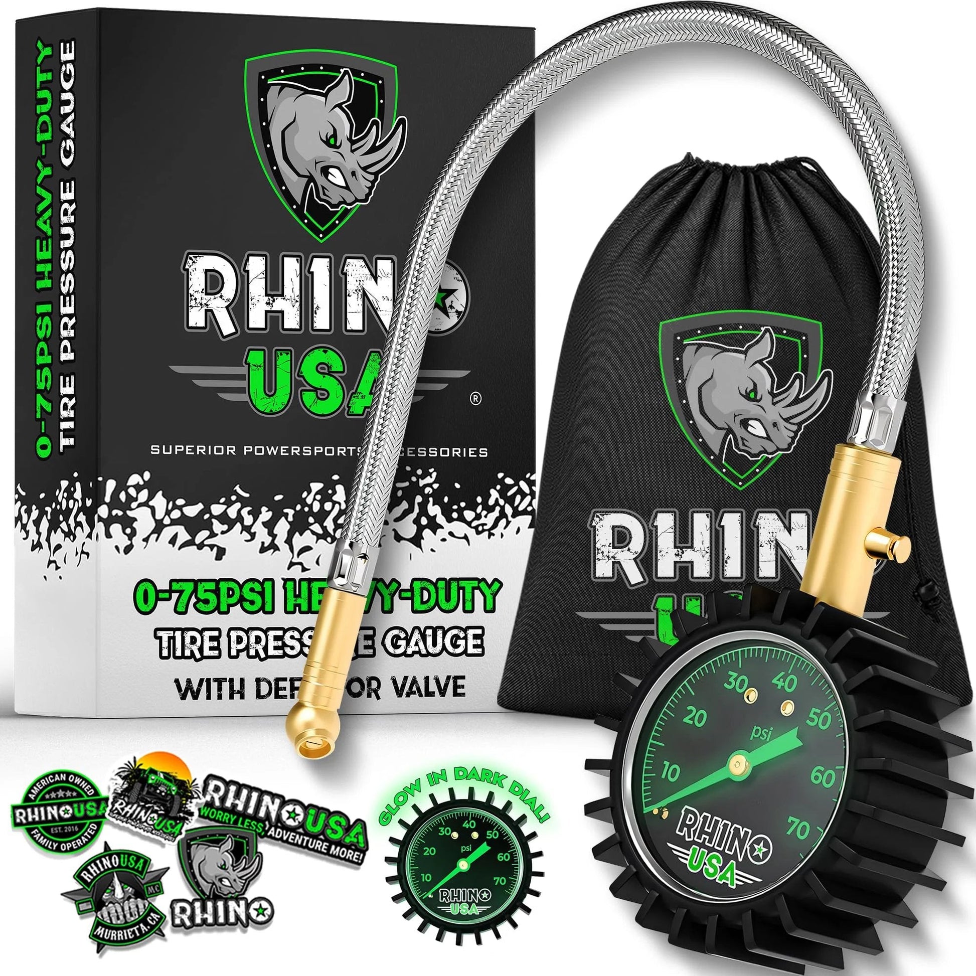 Heavy Duty Tire Pressure Gauge 0 To 75 PSI With Large Glow Dial And Premium Braided Hose For Cars Trucks Motorcycles And RV ANSI B40 1 Certified Solid Brass Hardware By Rhino USA package