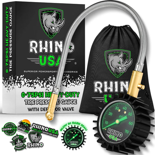 Heavy Duty Tire Pressure Gauge 0 To 75 PSI With Large Glow Dial And Premium Braided Hose For Cars Trucks Motorcycles And RV ANSI B40 1 Certified Solid Brass Hardware By Rhino USA package