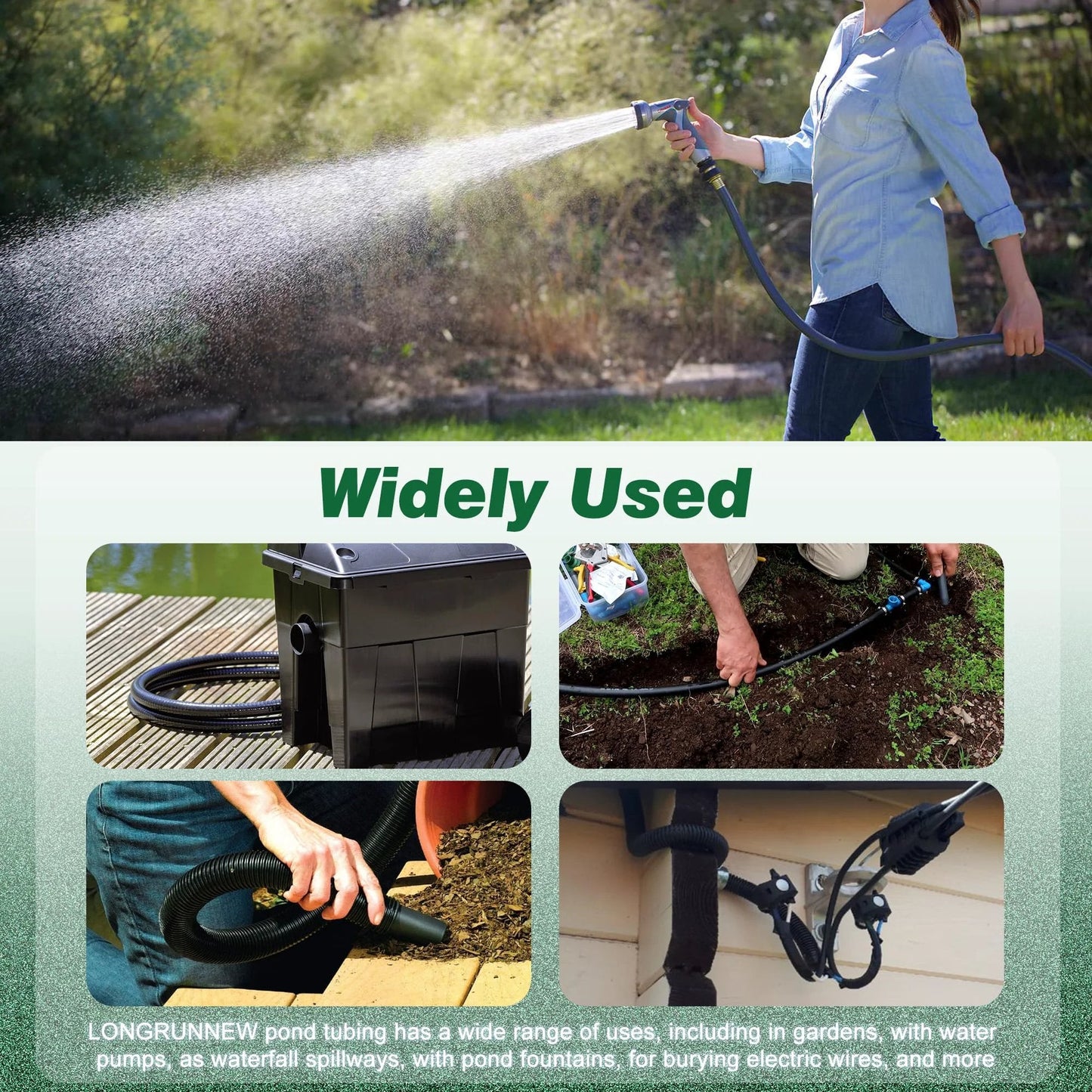 Flexible 1 Inch ID Corrugated Pond Hose For Aquarium And Pond Waterfall Systems, 20.6 Ft Black PVC Kinkproof Tubing used for watering.