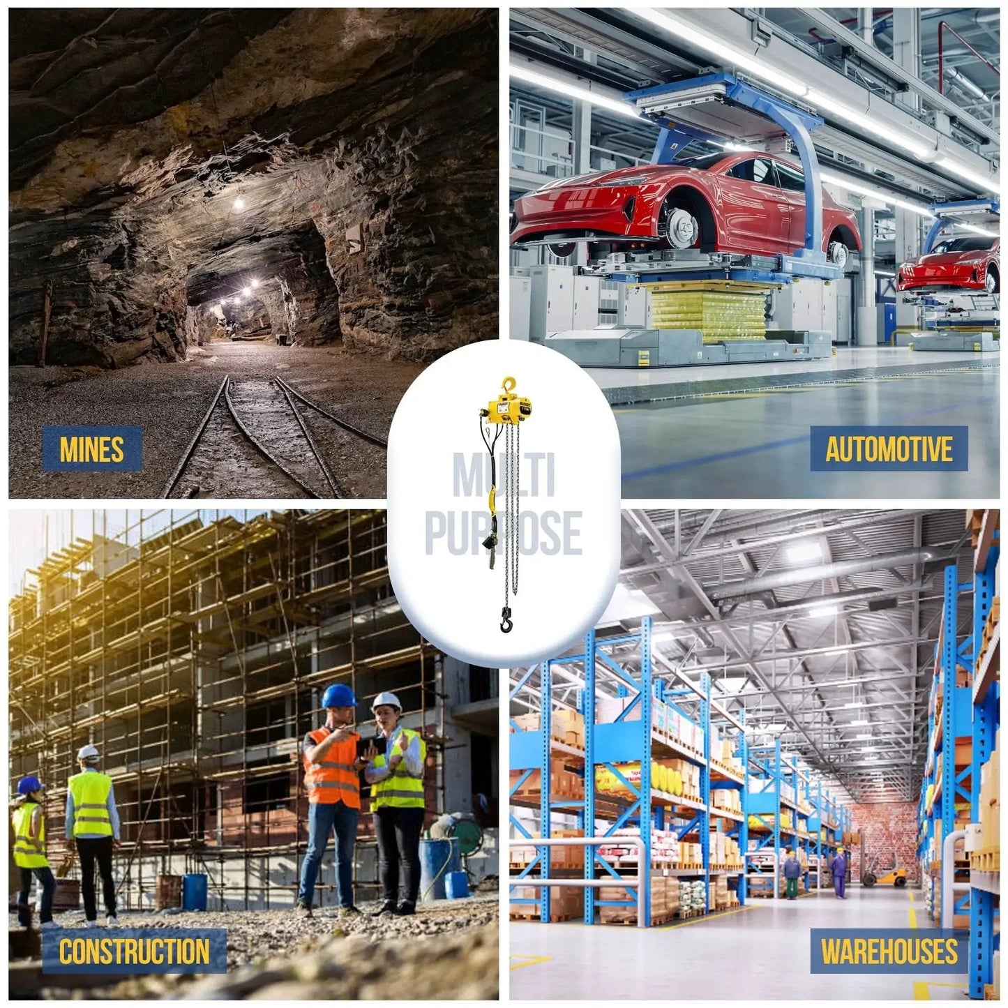 Image showing four industrial environments: a mine, automotive production line, construction site, and warehouse.