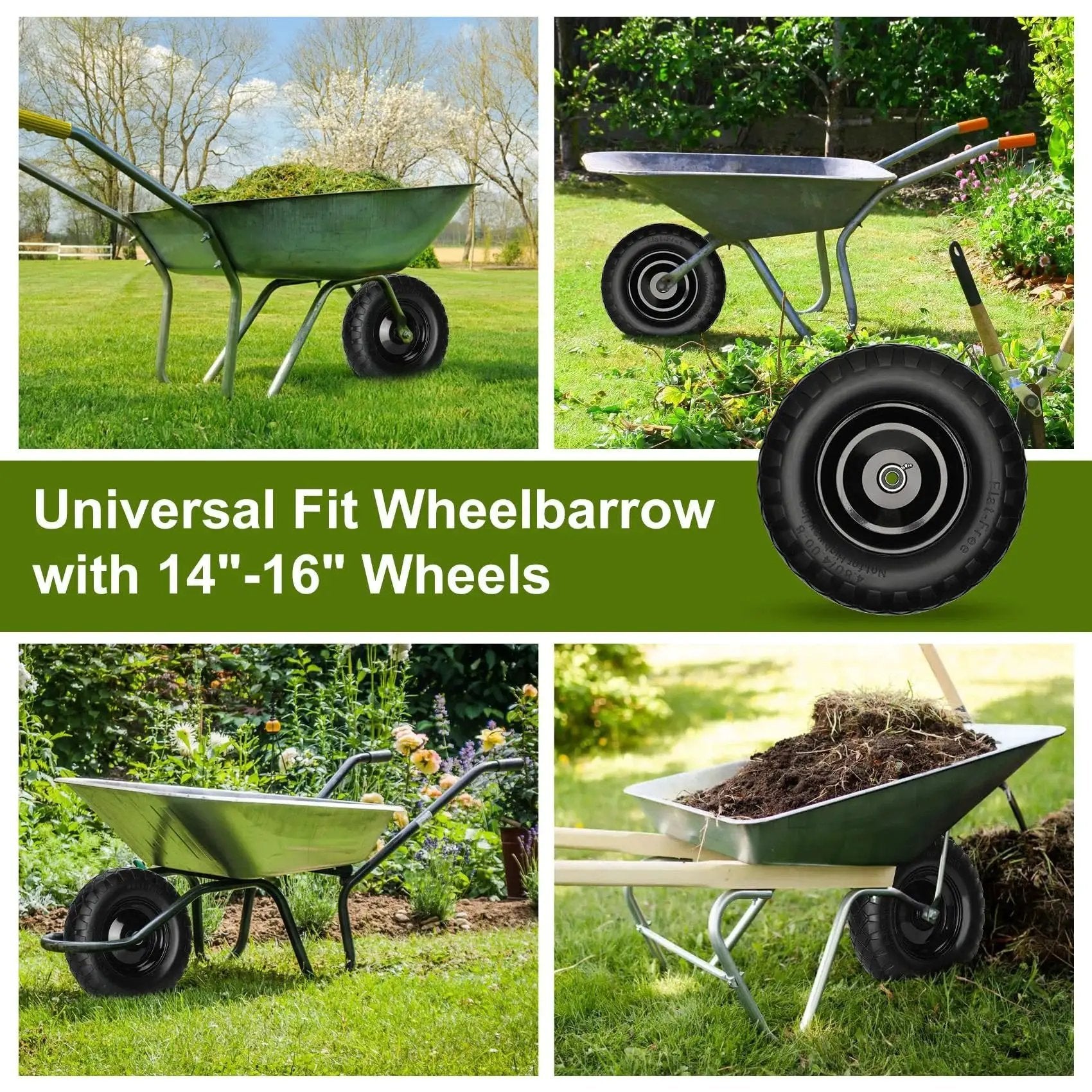 Wheelbarrow pictured in a garden setting with Upgraded 16 Inch Flat Free Wheelbarrow Wheels And Tires With 4.80 4.00 8 Solid Tires.