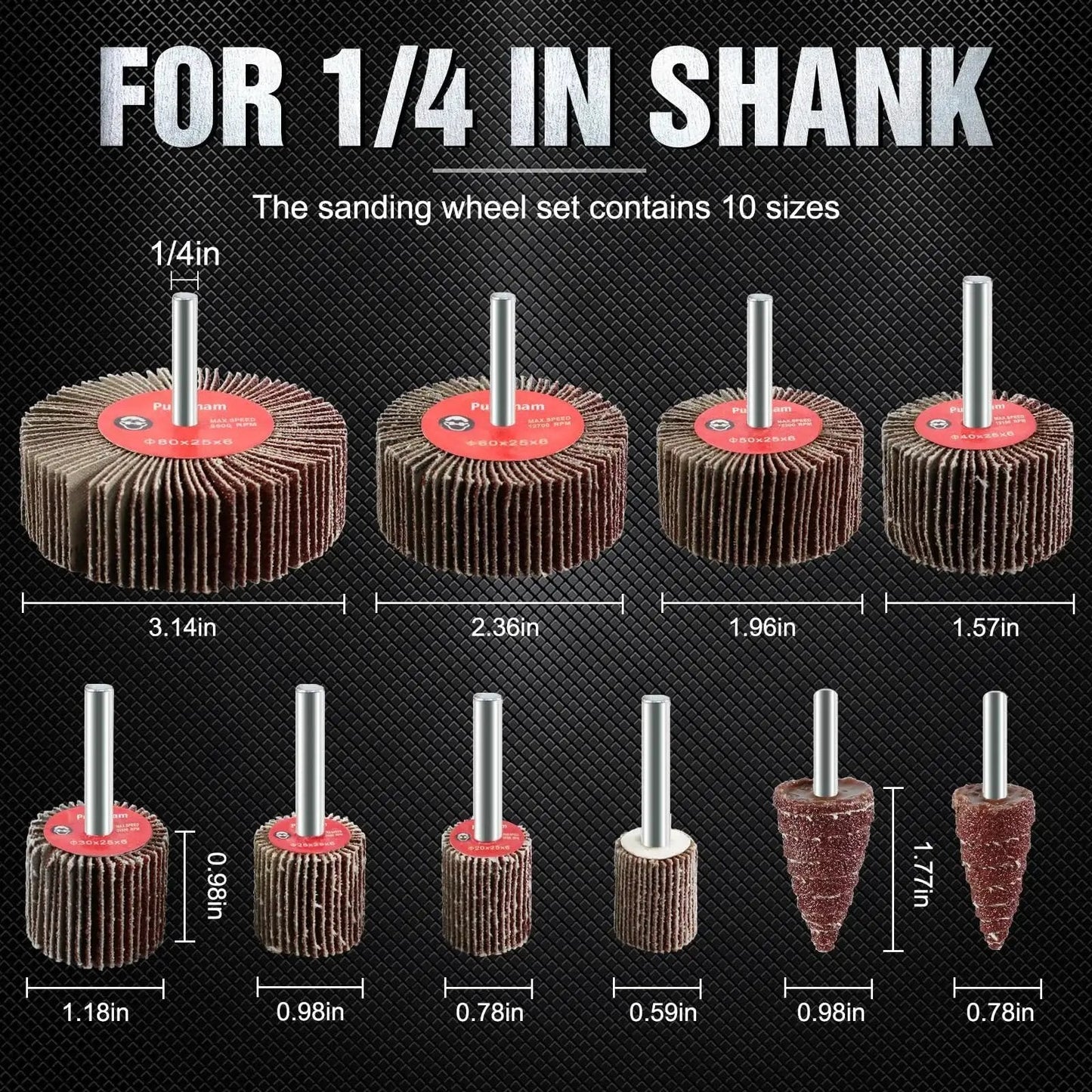 Flap Wheel Sander Set Pro Grade With Twenty Pieces 80 Grit Aluminum Oxide Sanding Wheels For Drill One Quarter Inch Shank For Metal And Wood Ten Sizes For Versatile Grinding And Detailing, showing ten different sizes.