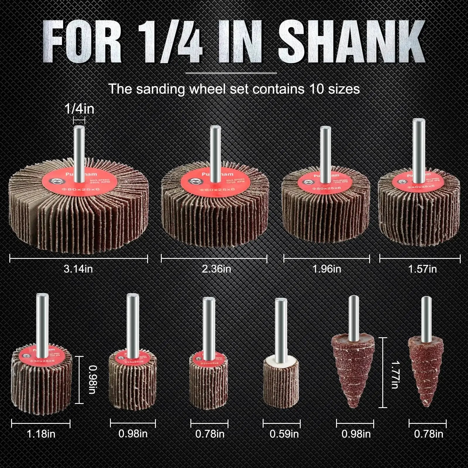 Flap Wheel Sander Set Pro Grade With Twenty Pieces 80 Grit Aluminum Oxide Sanding Wheels For Drill One Quarter Inch Shank For Metal And Wood Ten Sizes For Versatile Grinding And Detailing, showing ten different sizes.