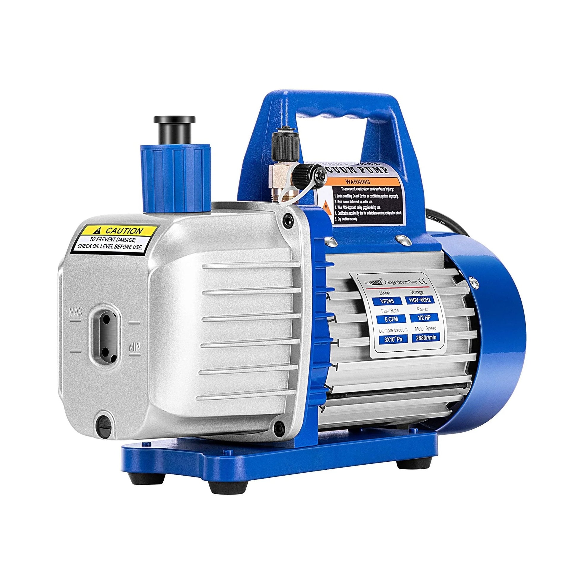Dual Stage Rotary Vane Vacuum Pump For HVAC Systems, 5 CFM, 110V, One Half HP, Fast 3 Minute Deep Vacuum, Oil Bottle Included