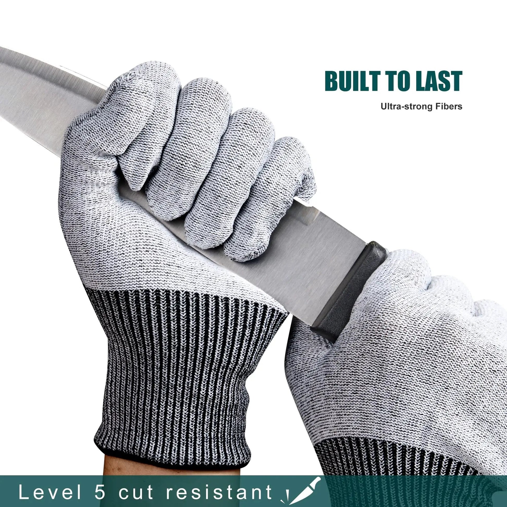 Cut-resistant gloves holding a sharp knife, demonstrating durability and protection, labeled 'Built to Last' with ultra-strong fibers.