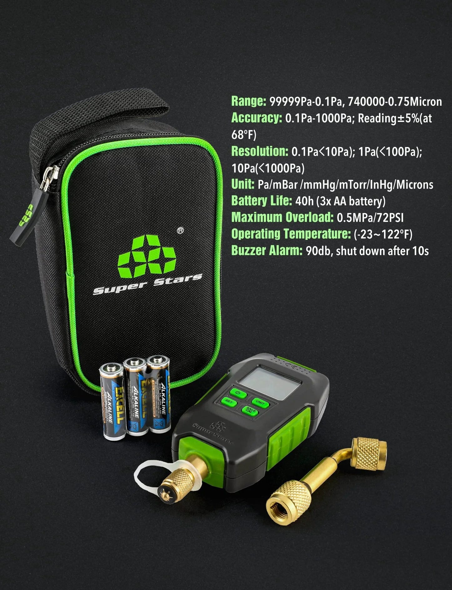 Digital Micron Vacuum Gauge For HVAC With Pirani Sensor And LCD Display Temperature Compensation And Four Units Pa MBar MmHg Microns One Quarter Inch SAE Connection Digital Pressure Tester Meter For Refrigeration And Home AC Maintenance Pro Grade with batteries and case.