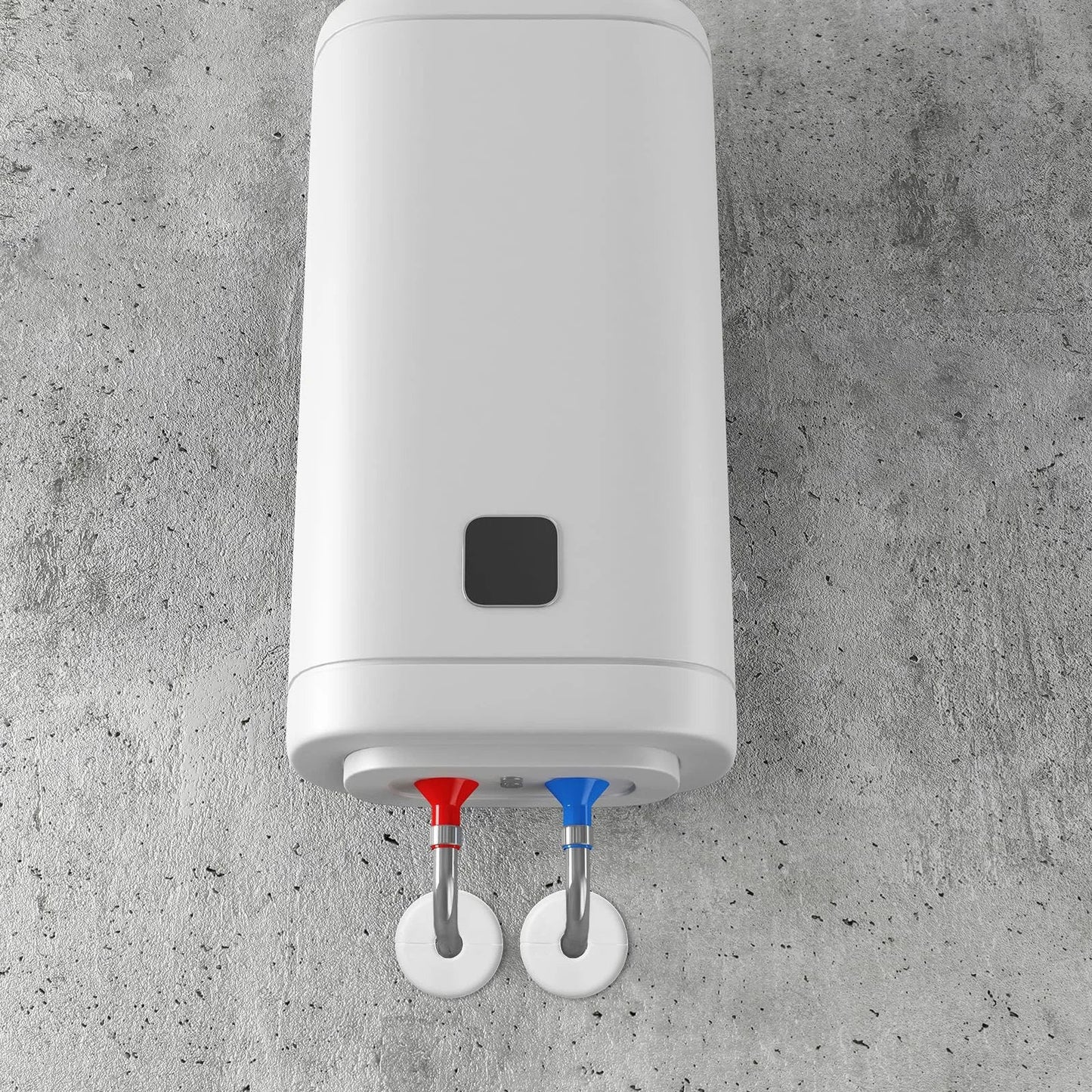 White wall-mounted water heater with red and blue valve attachments on gray wall, viewed from below.