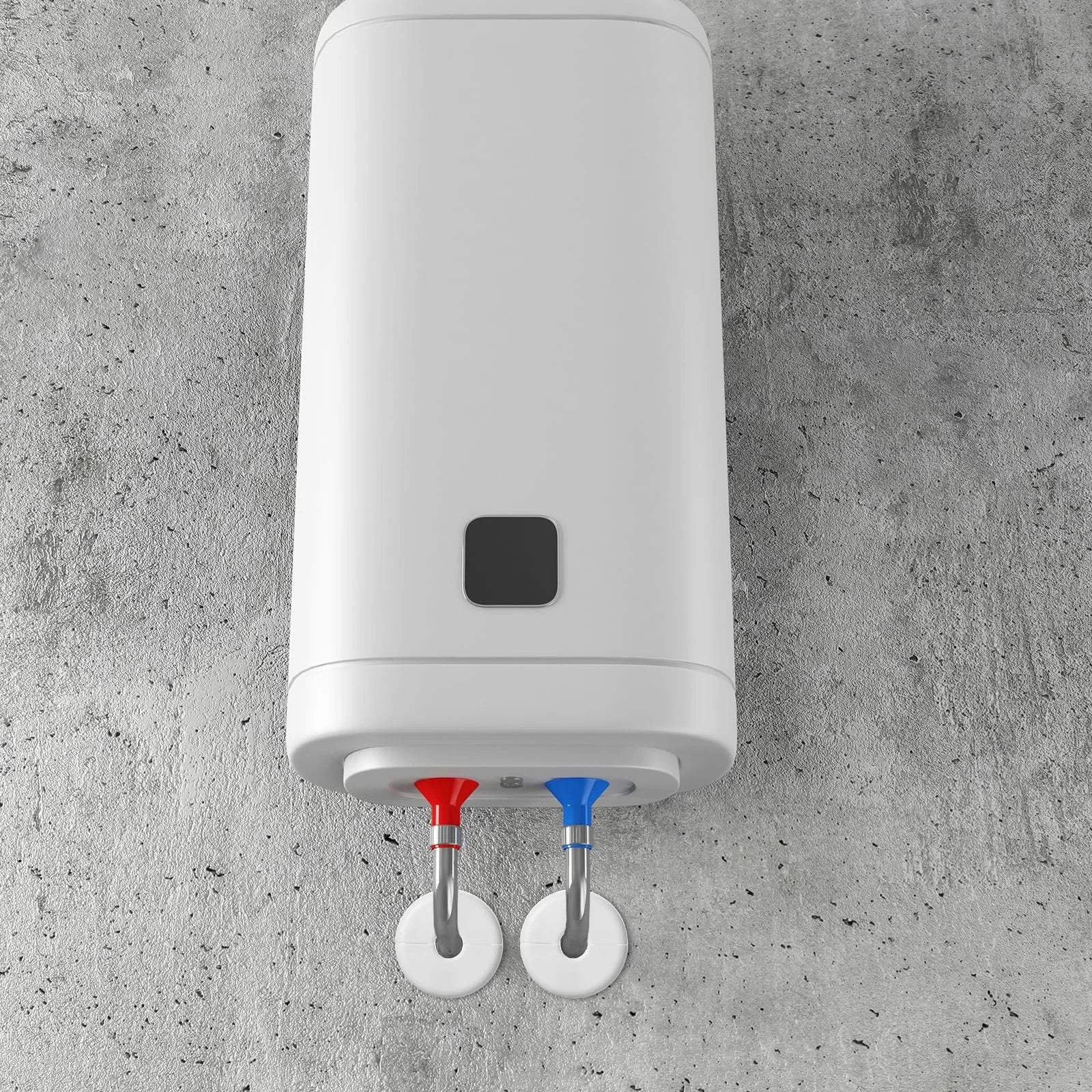 White wall-mounted water heater with red and blue valve attachments on gray wall, viewed from below.