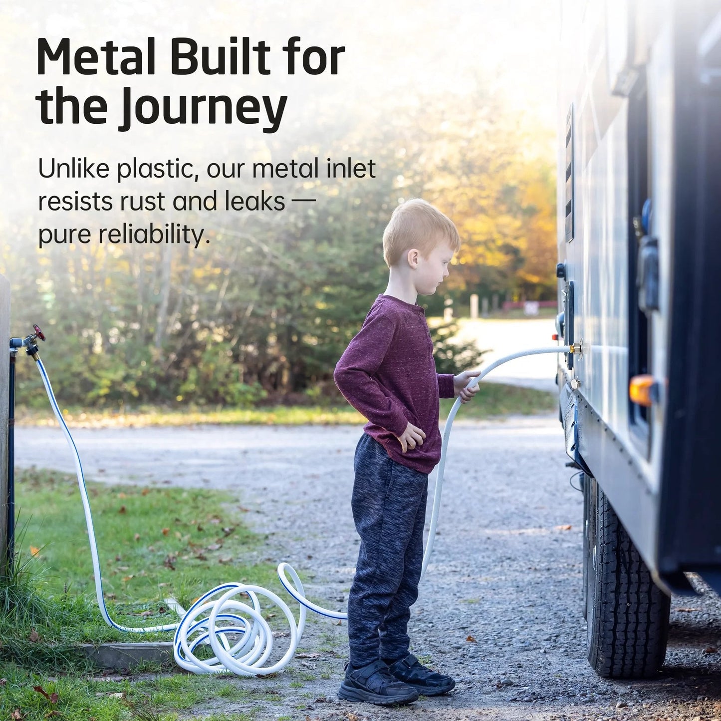 Child using All Metal RV Water Inlet Connection With Check Valve For Camper Trailer Marine And Boat Built Tough In 18 8 Stainless Steel City Water Inlet Replacement With Leak Proof Brushed Finish By KES attached to camper